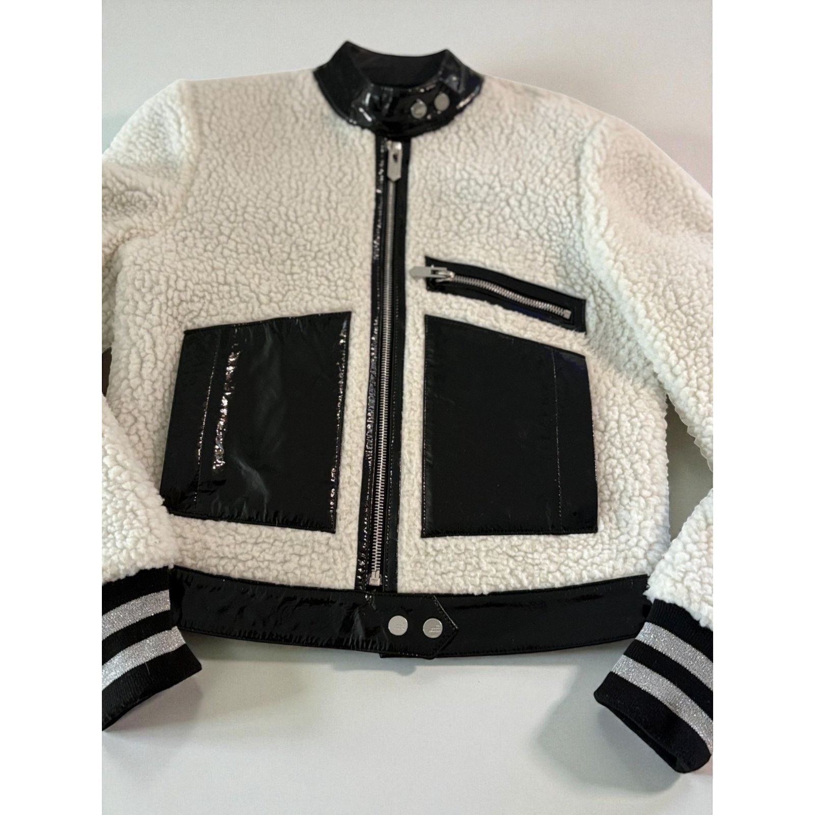 Other Handmade Black & White Shearling Moto Jacket Patent Leather Size XS / US 0-2 / IT 36-38 - 6 Thumbnail