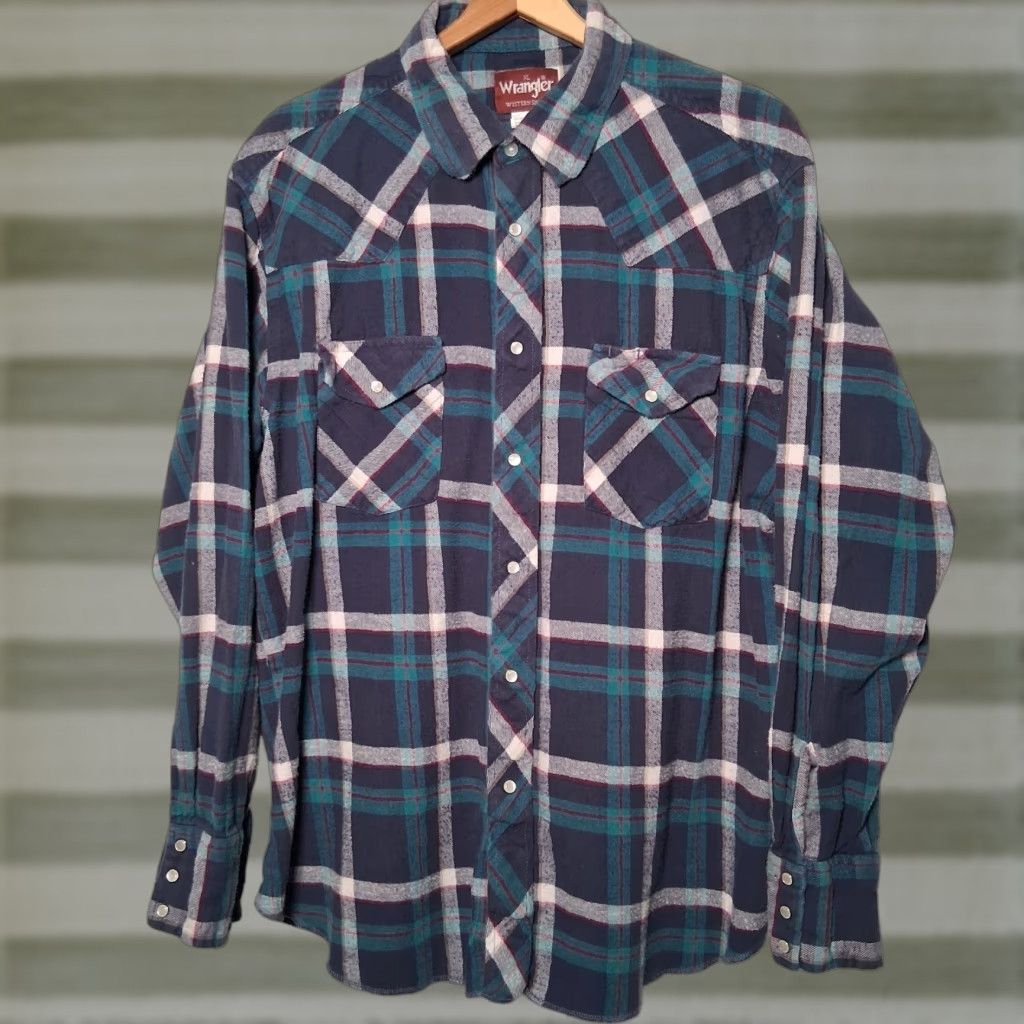 Wrangler Wrangler Western Shirt Men XL Blue Plaid Flannel Pearl Snap Rodeo Cowboy Ranch Size US XL / EU 56 / 4 - 1 Thumbnail