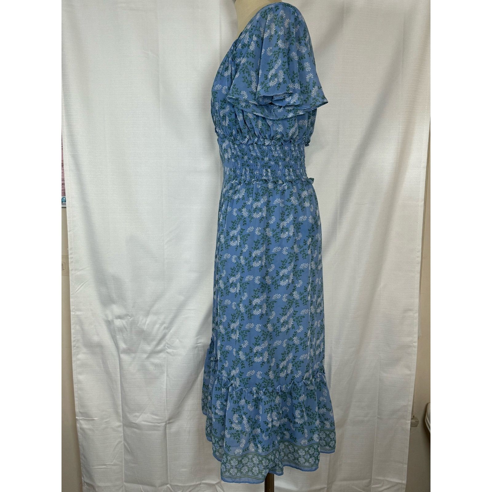 Unknown London Max Studio Floral Midi Short Sleeve Blue Dress V Neck Womens Size M / US 6-8 / IT 42-44 - 3 Thumbnail