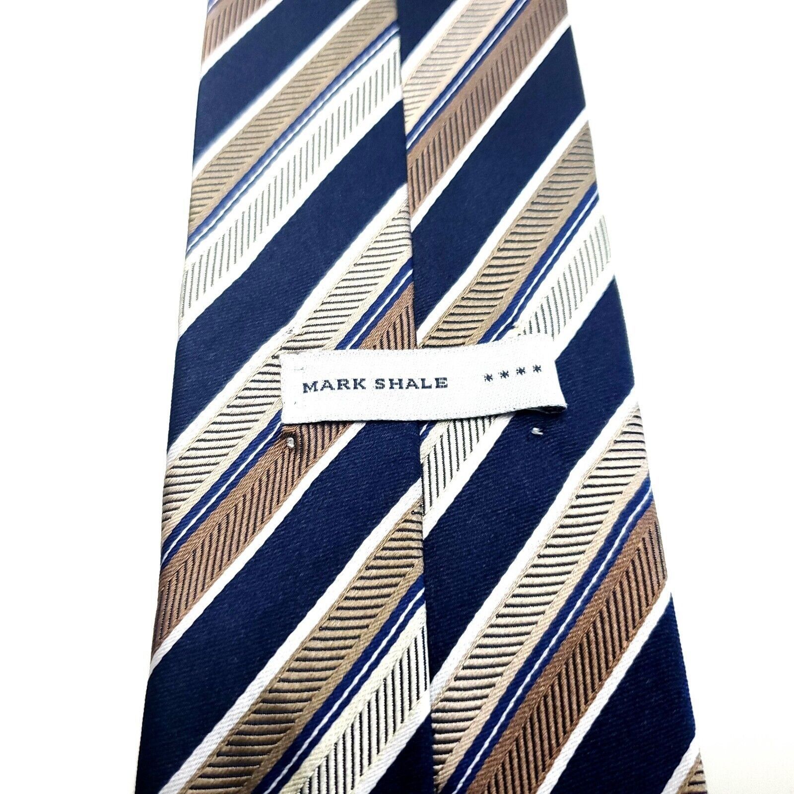 Vintage Mark Shale Silk Tie Woven Blue Brown Tan Striped Size ONE SIZE - 4 Thumbnail
