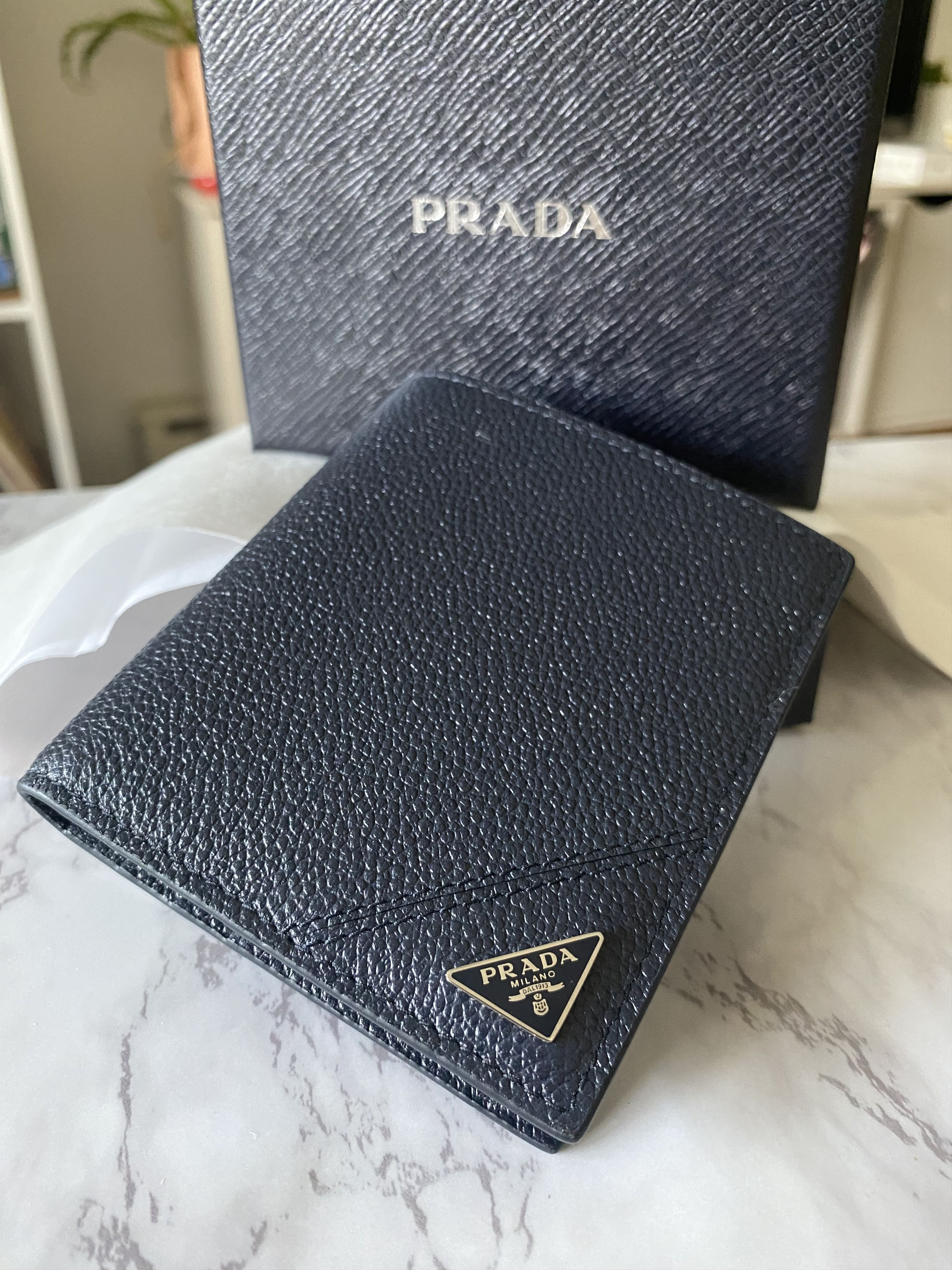 image of Prada Vitello Micro Grain Leather Tri Logo Bifold Wallet in Navy Blue, Men's