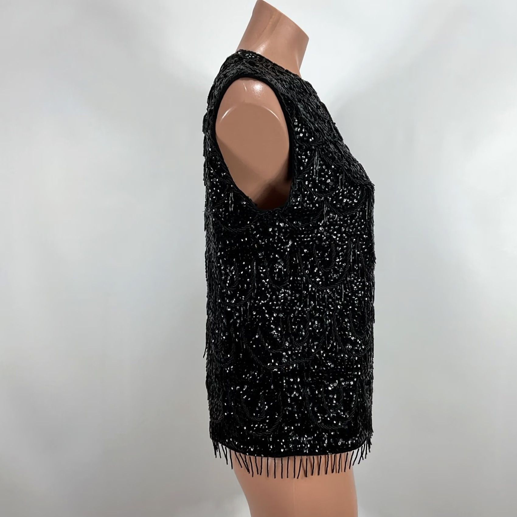 Vintage Gia Ninno Fringe High Neck Zip Back Vintage Black Wool Sequin & Beaded Top sz 14 Size L / US 10 / IT 46 - 5 Thumbnail