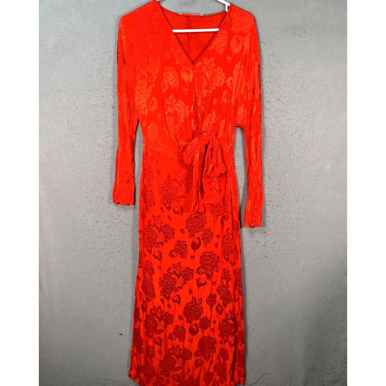 Zara Zara Trafaluc Collection Maxi Wrap Dress Womens XS Red Floral Velvet Burnout Size XS / US 0-2 / IT 36-38 - 2 Thumbnail