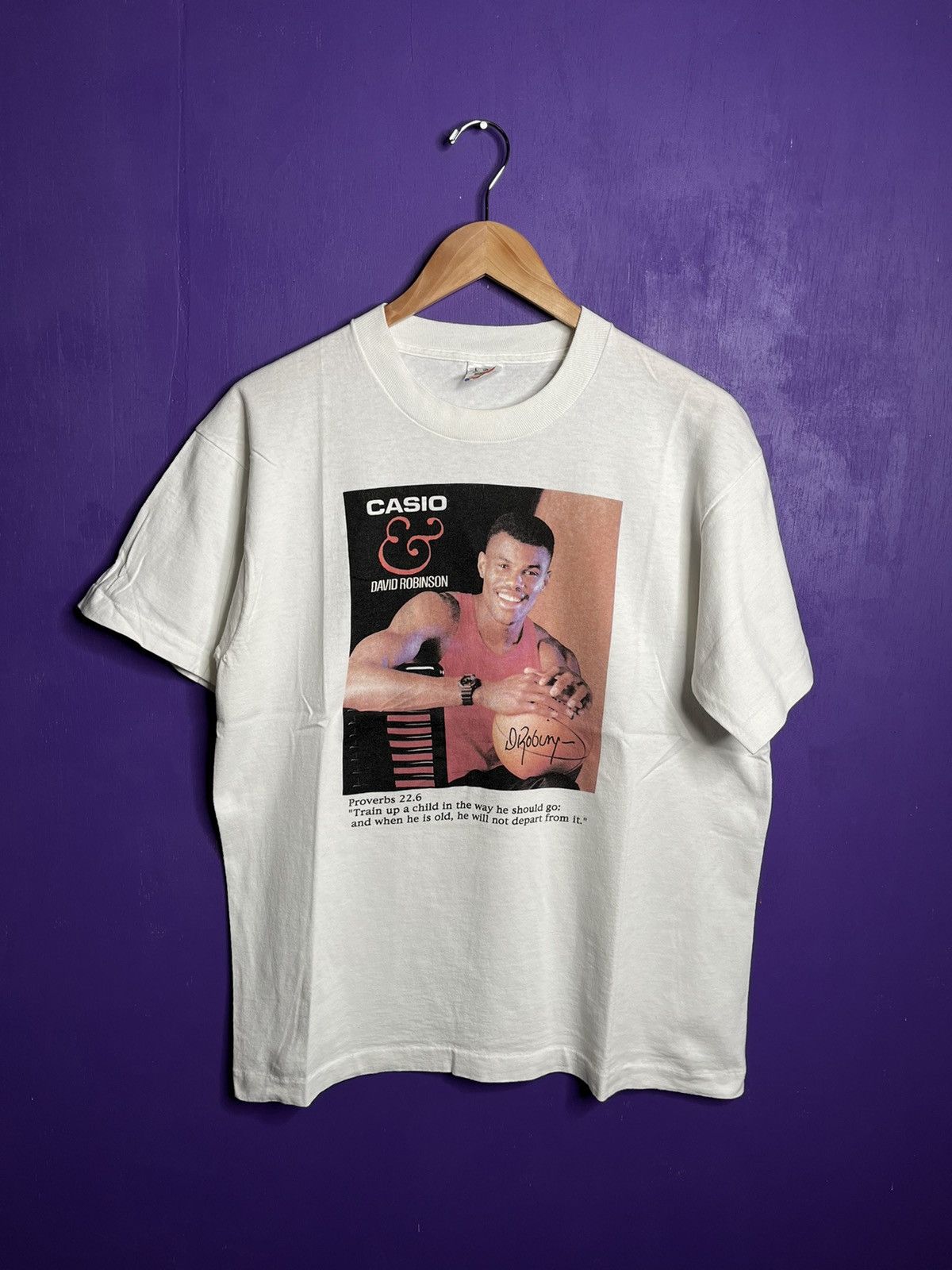 image of Made In USA x NBA Vintage 90's Casio David Robinson Promo T-Shirt in White, Men's (Size Large)