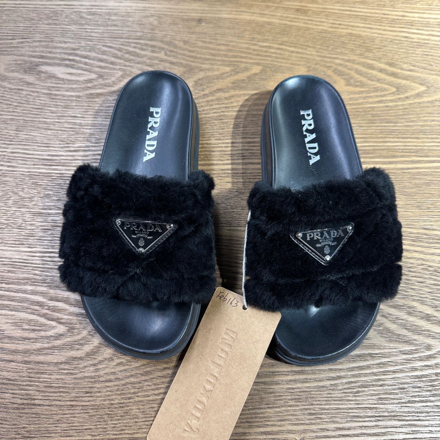 Prada Prada Triangle Logo Teddy Fur Slipper EUR 35 Size US 5 / IT 35 - 2 Thumbnail