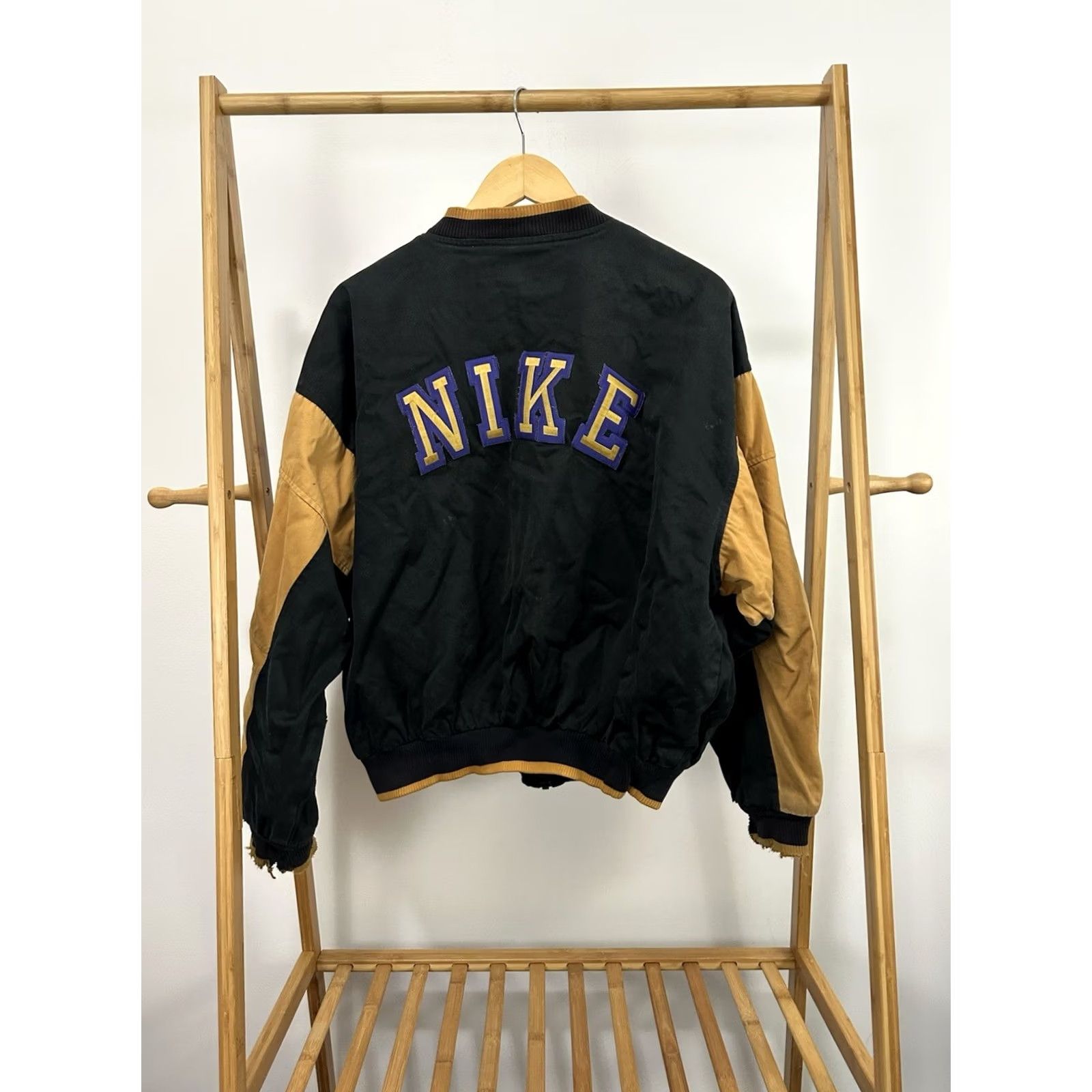 Nike VTG Nike Block Spellout Black Gold Varsity Bomber Jacket XL Mens Distressed 80s Style Size US XL / EU 56 / 4 - 2 Thumbnail