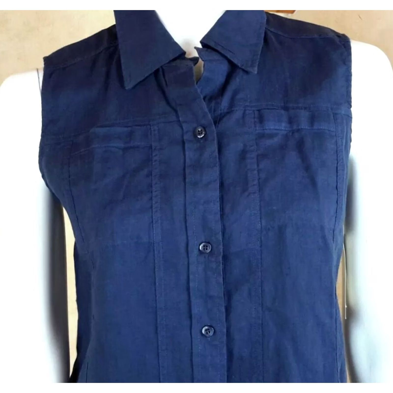 Vintage Margaritaville Blouse Women's Small Navy Blue Linen Sleeveless Button Front Casual Shirt Jewelry Pockets Regular Size S / US 4 / IT 40 - 3 Thumbnail