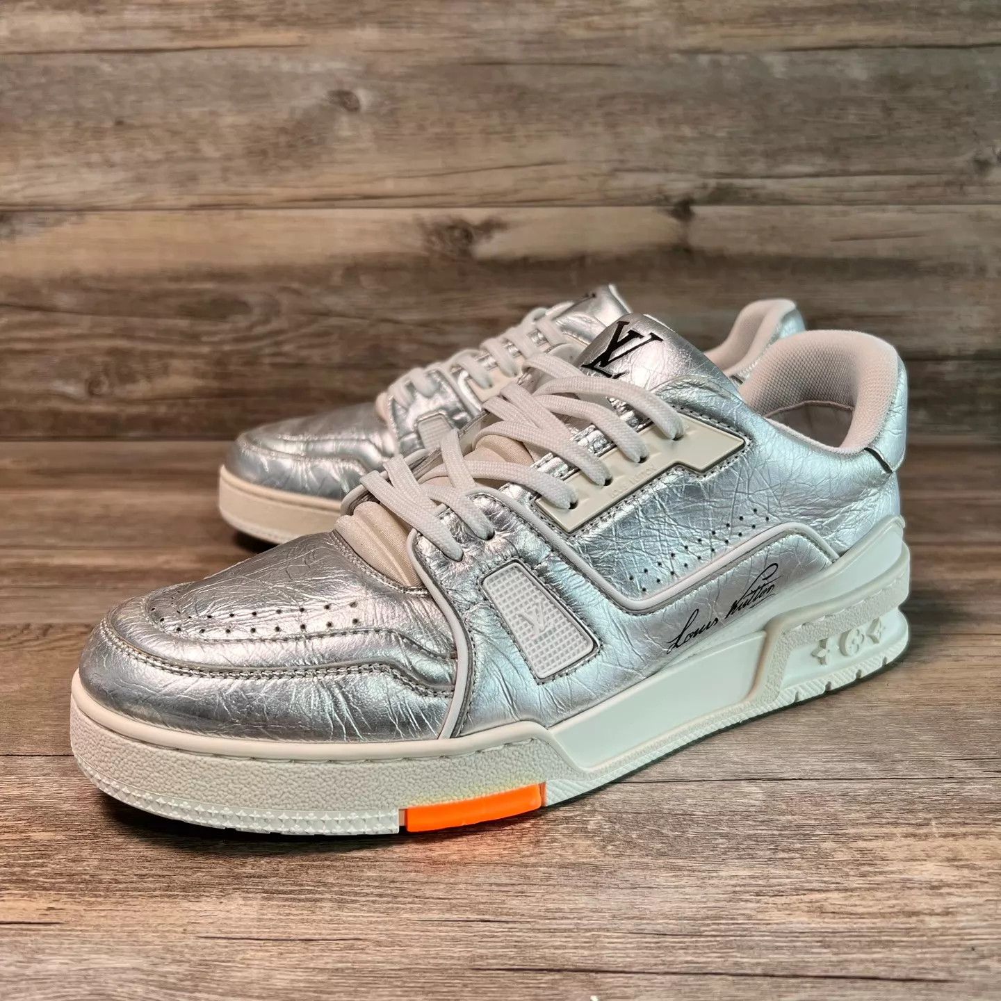 Louis Vuitton LV Trainer Liquid Silver/Orange TinFoil UK7(41) Worn Size US 8 / EU 41 - 1 Thumbnail