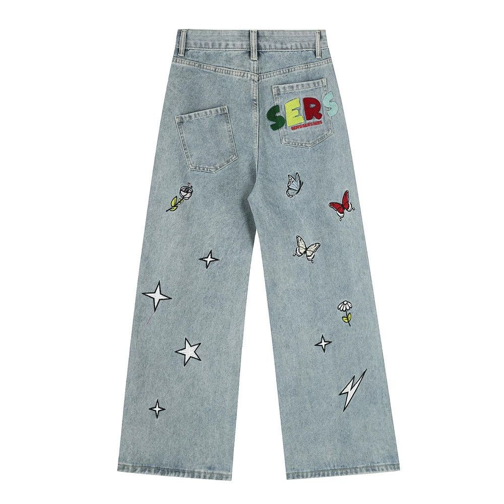 Jean Men's washed loose casual star embroidered jeans Size US 32 / EU 48 - 1 Thumbnail