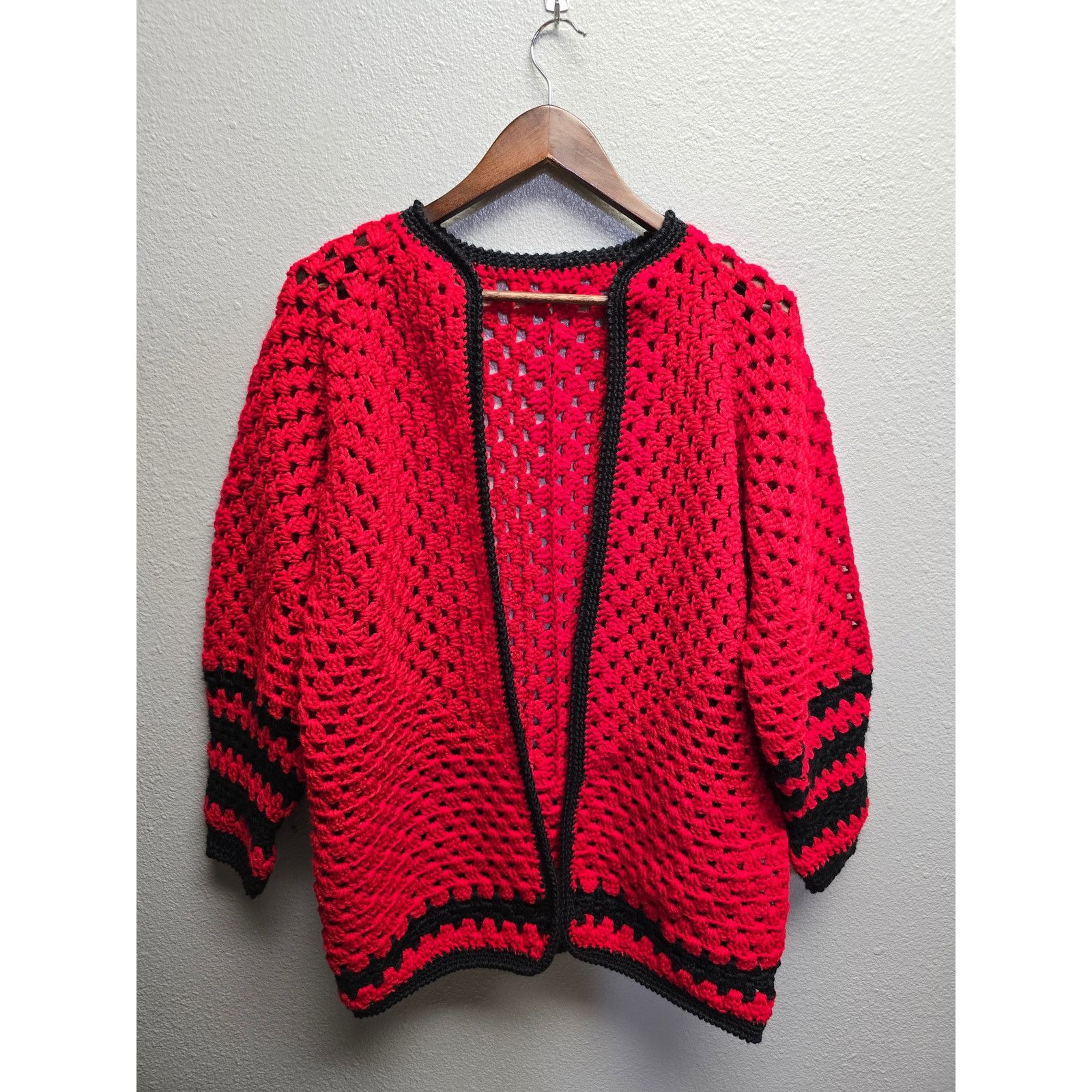 Red Knitwear Cardigan Chic Artisan Oversized Crochet Sweater