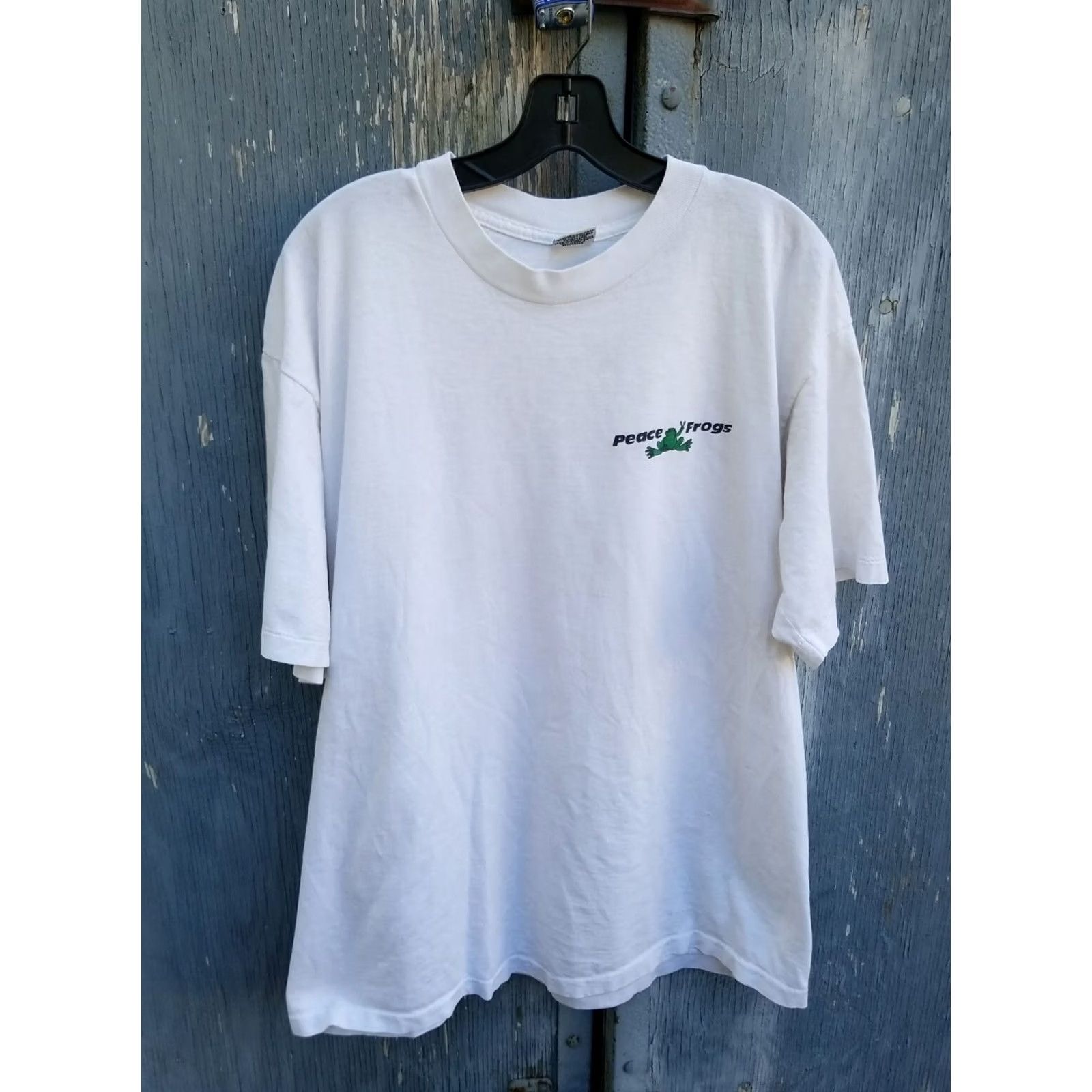 Vintage PEACE FROGS T-Shirt MENS XL White Vintage Graphic Print Crew Neck Short Sleeve distressed print 2 small holes stain Chest 22.5 Length 29 Sized Regular Size US XL / EU 56 / 4 - 2 Thumbnail