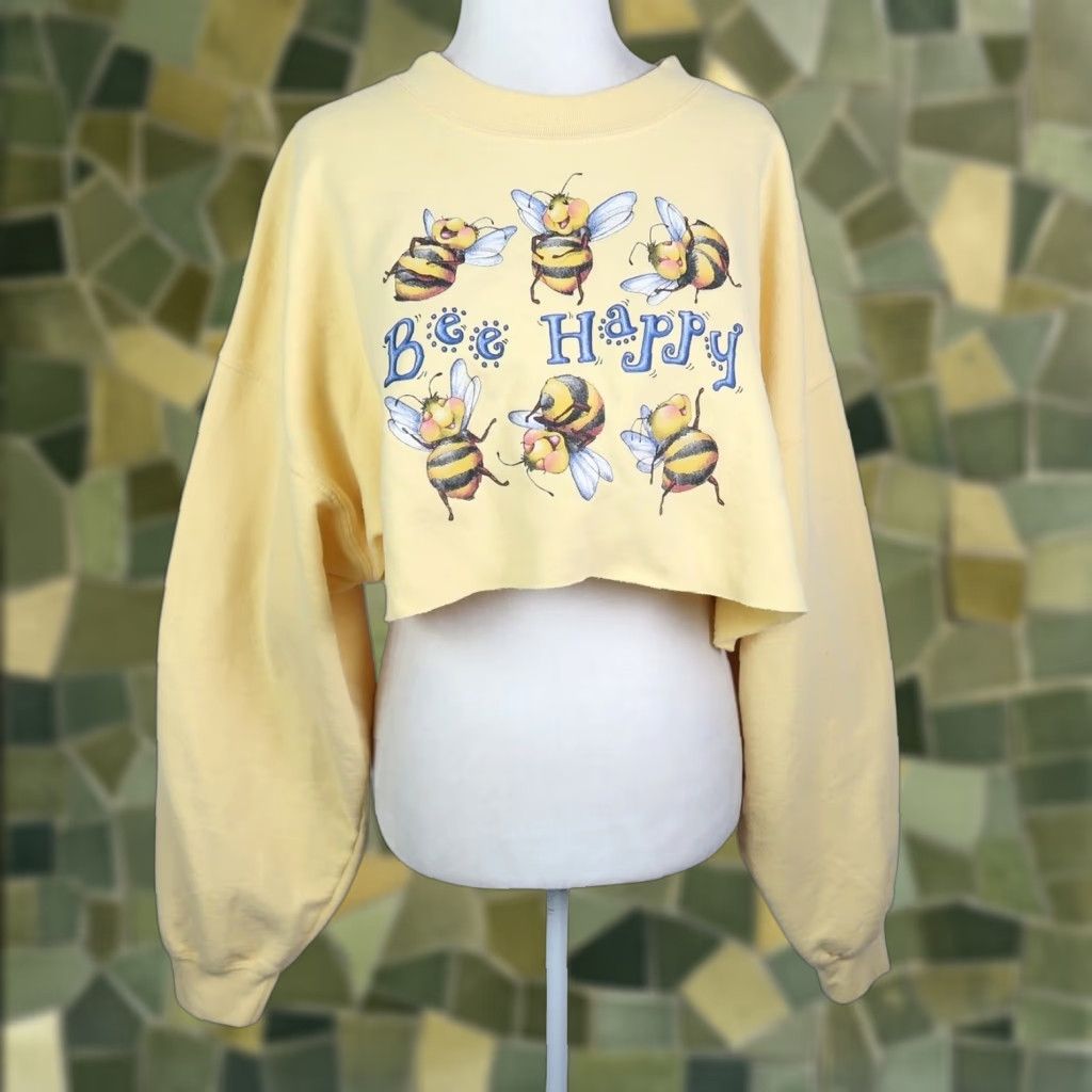 Gildan VINTAGE 90s Yellow "Bee Happy" Bumblebee Graphic Sweatshirt Cropped XL Womens Orange? Wait Size XL / US 12-14 / IT 48-50 - 1 Thumbnail