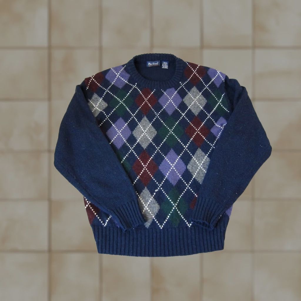Vintage VINTAGE Par Four Sweater Mens Pullover Knit Crew Neck Wool 80s Blue Green Purple Argyle Large Mens Size US L / EU 52-54 / 3 - 1 Thumbnail