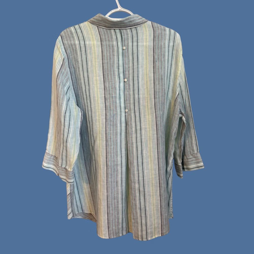 Vintage VINTAGE Chico's 100% Linen Shirt Blue Yellow Button Up Tunic Womens 3X Coastal Beach Shirt Womens 3X Blue Yellow Linen Button Up Tunic Beach Shirt Size XXL / US 16-18 / IT 52-54 - 1 Thumbnail