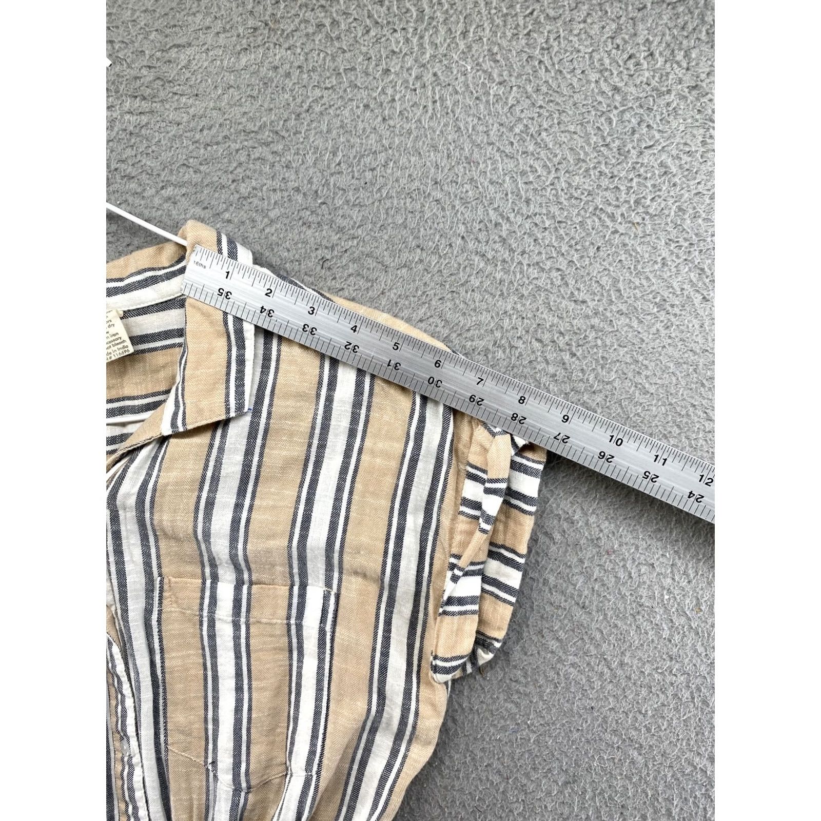 Vintage Japna Women’s Button Down Tie Waist Pockets Stripe Dress S Beige Cap Sleeve Hi-Low Size S / US 4 / IT 40 - 6 Thumbnail