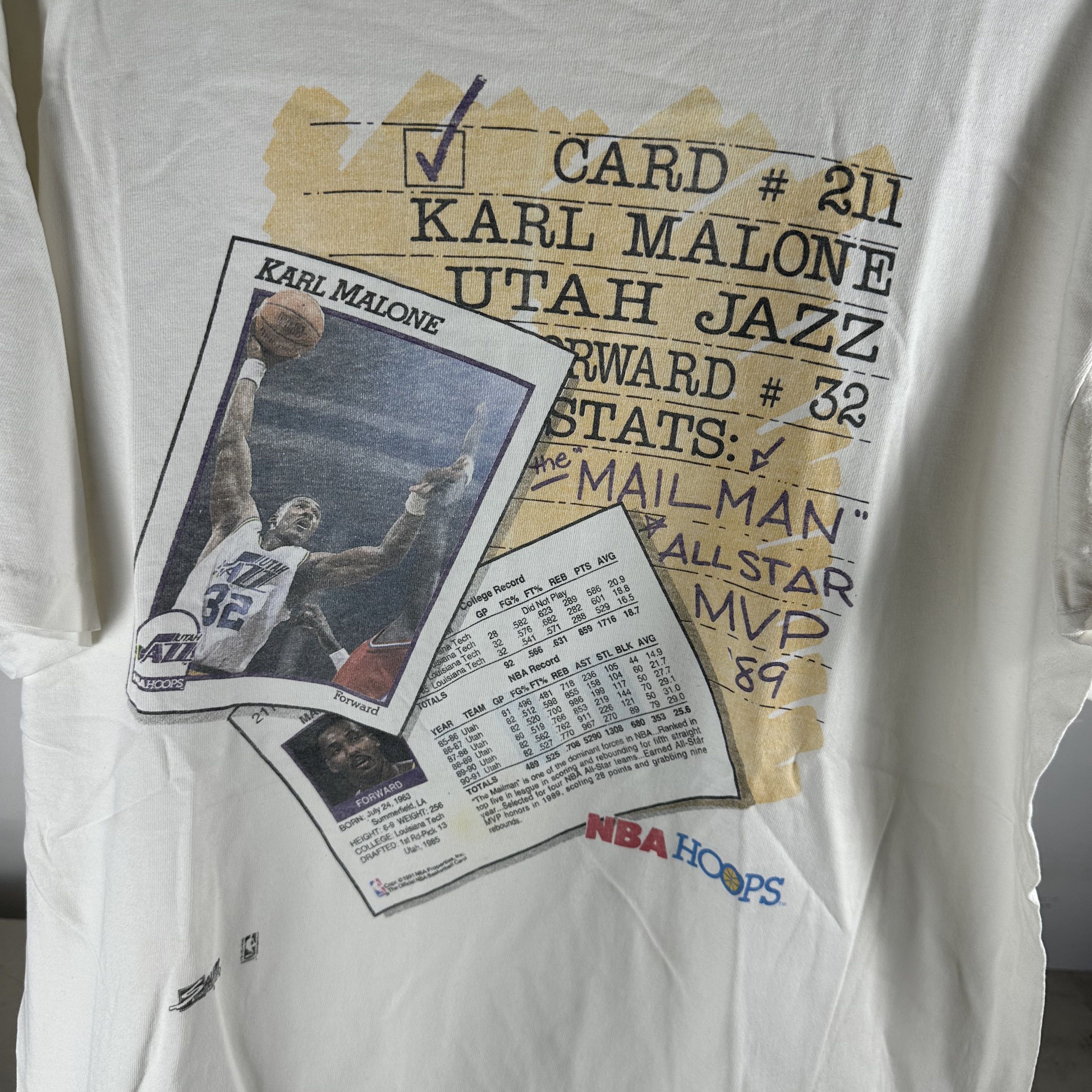 Vintage ​Vintage 1991 Karl Malone Utah Jazz NBA Salem T-Shirt Size US XL / EU 56 / 4 - 2 Thumbnail