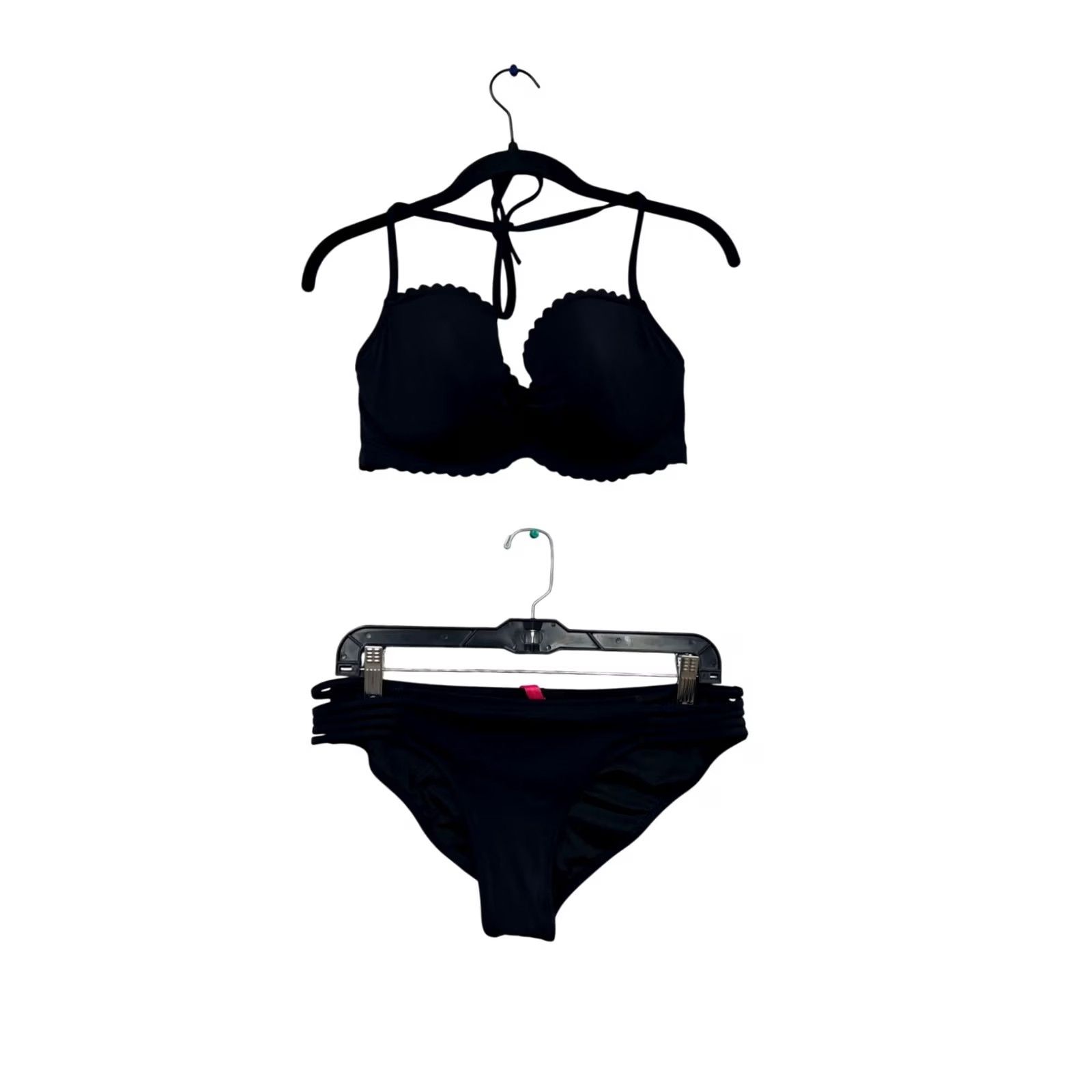 Victoria's Secret Victoria's Secret Bikini Set Halter Padded Black 2 Piece Large/34DD Womens Swimsuit Bottoms Top Vintage: No Size ONE SIZE - 2 Thumbnail