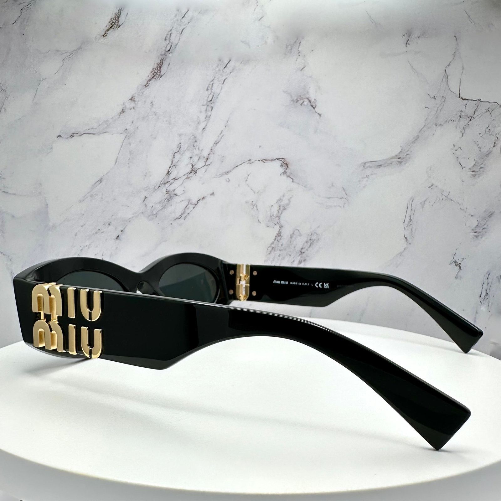 Miu Miu New MIU MIU Sunglasses Black Oval Acetate Gold Metal Logo Size ONE SIZE - 4 Thumbnail