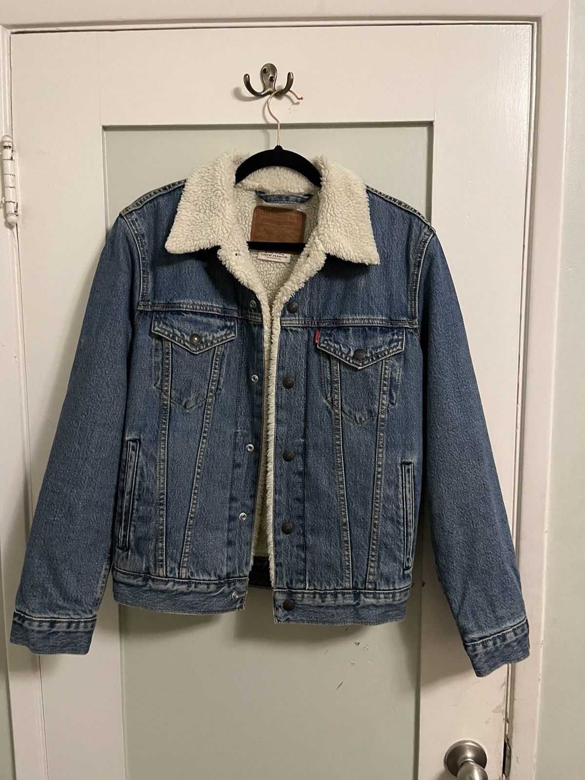 image of Levis Levi's Denim Sherpa Jacket in Blue, Men's (Size Small)