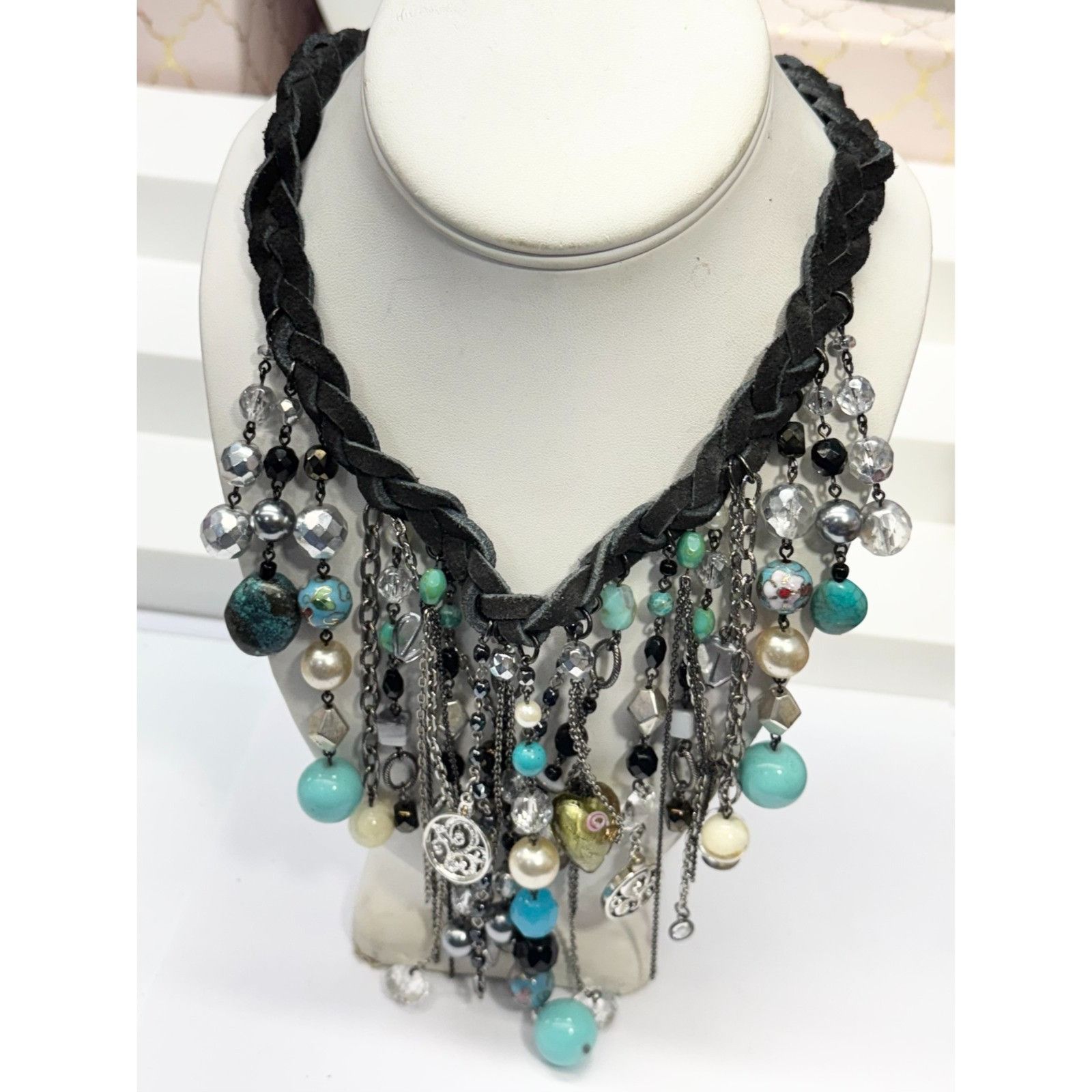 Vintage Vintage black braided suede beaded charm necklace Size ONE SIZE - 7 Thumbnail
