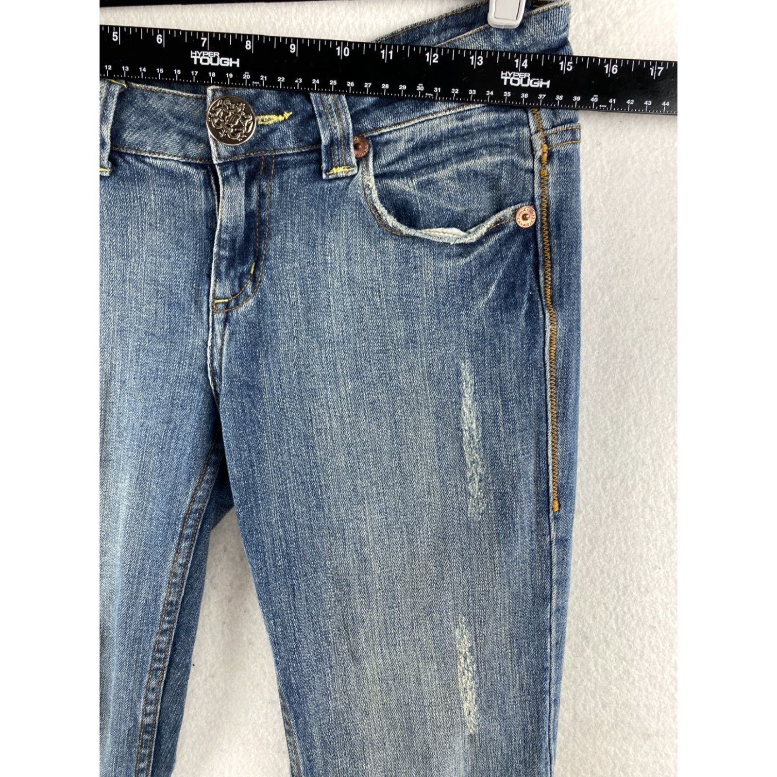 Denime Z Cavaricci Jeans Womens 9 30x29 Bootcut Dark Wash Distressed Denim Blue Jeans Womens Size 9 Regular Bootcut Distressed Pockets 30 Dark Blue Size 30" / US 8 / IT 44 - 4 Thumbnail