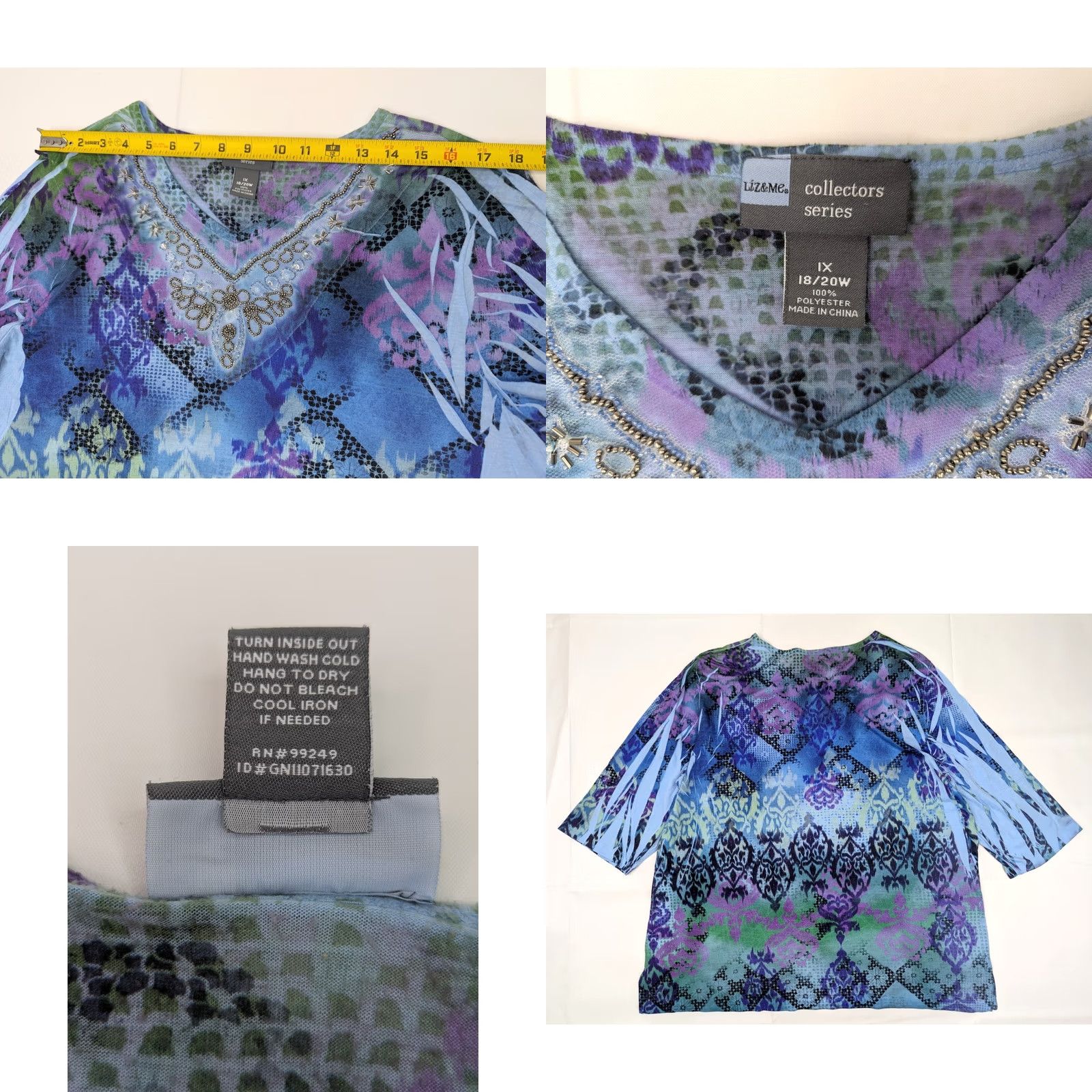 Vintage Liz & Me Blouse Shirt Womens 1X Plus Size Blue Beads Stones Knit V-Neck Short Sleeve Abstract Pattern Lightweight Casual Workwear Summer Fall Spring Size XL / US 12-14 / IT 48-50 - 8 Thumbnail