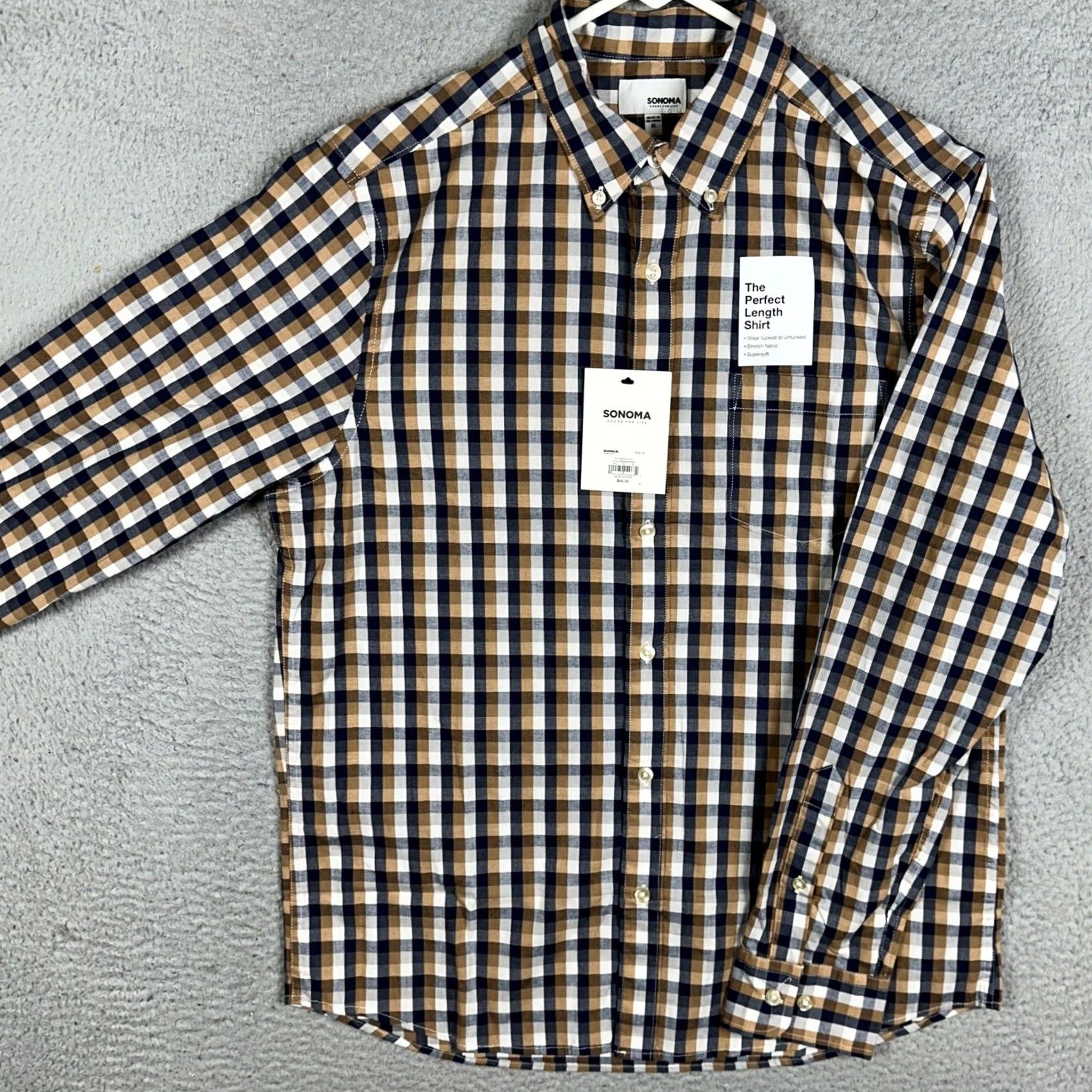 Vintage Sonoma Mens Shirt Button-Down Long Sleeve Check Navy Brown White 66% Cotton 31% Polyester 3% Spandex Pocket Casual Business Workwear Preppy Size US M / EU 48-50 / 2 - 2 Thumbnail