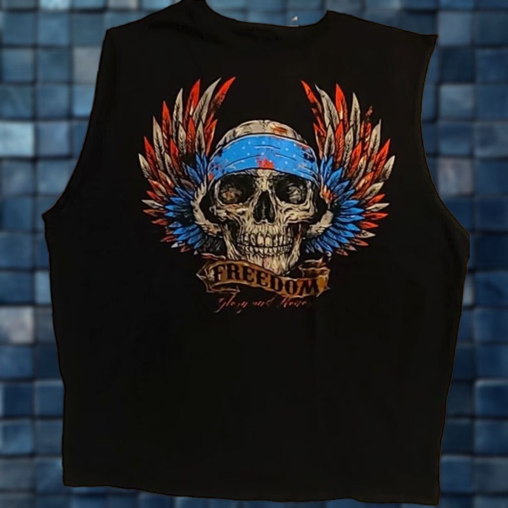 Vintage VINTAGE Unbranded Men's Sleeveless T-Shirt 90s Black Skull Wings USA American Freedom Honor Graphic Tee Size US M / EU 48-50 / 2 - 1 Thumbnail
