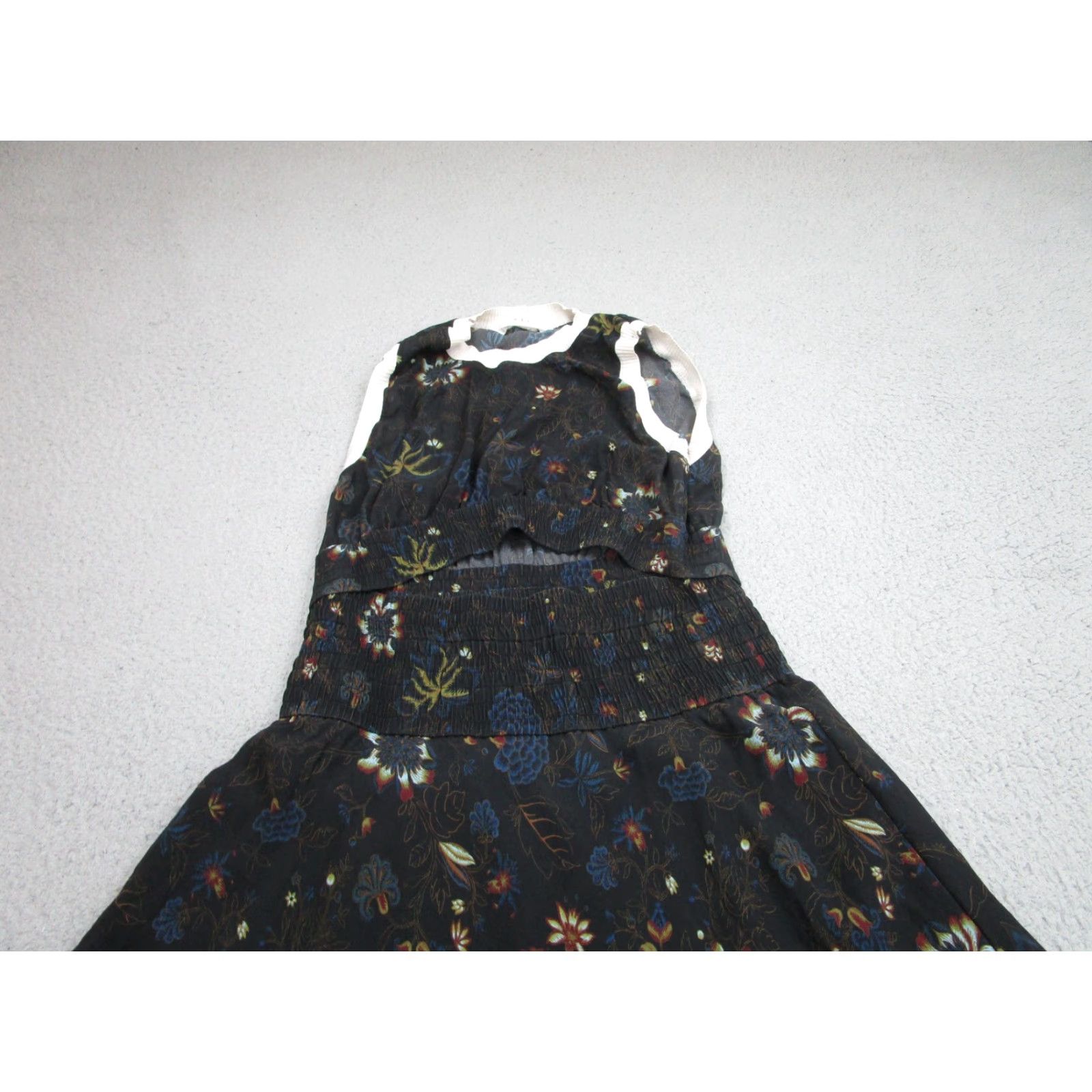 Vintage A.L.C. Dress Womens 6 Black Floral Maxi Sleeveless Cutout Smocked Waist Boho Size M / US 6-8 / IT 42-44 - 2 Thumbnail