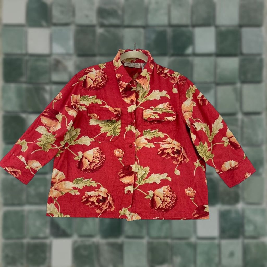 Vintage Lemon Grass Petite Red Floral Button-Up Shirt Womens 3/4 Sleeve Cotton PM Size M / US 6-8 / IT 42-44 - 1 Thumbnail