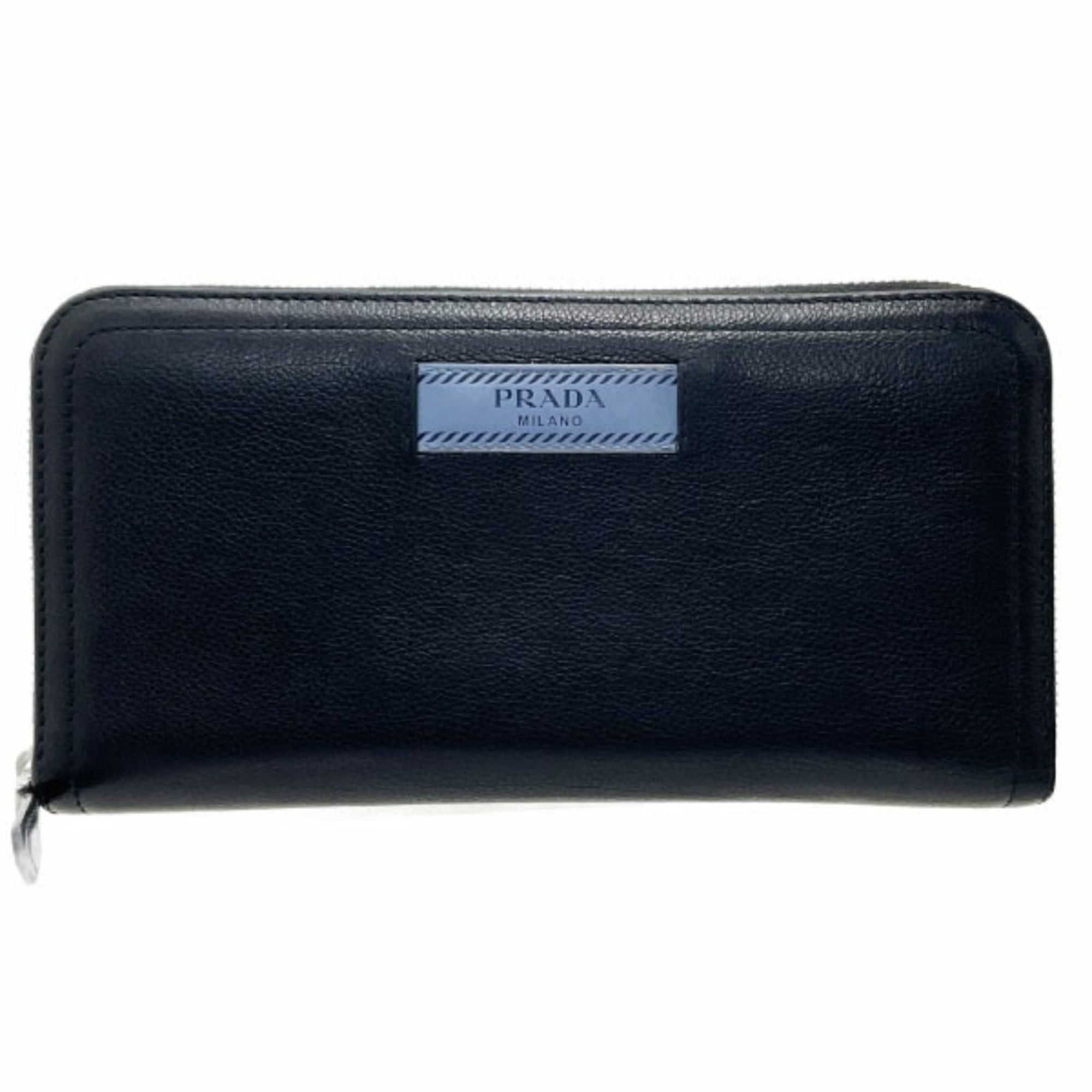 Prada Prada Long Wallet, Round Zip Leather, Black and Light Blue, 1ML506, PRADA Bicolor GLACE CALF CITY NERO ASTRALE, with added divider pocket, ATS-16467 Size ONE SIZE - 1 Thumbnail