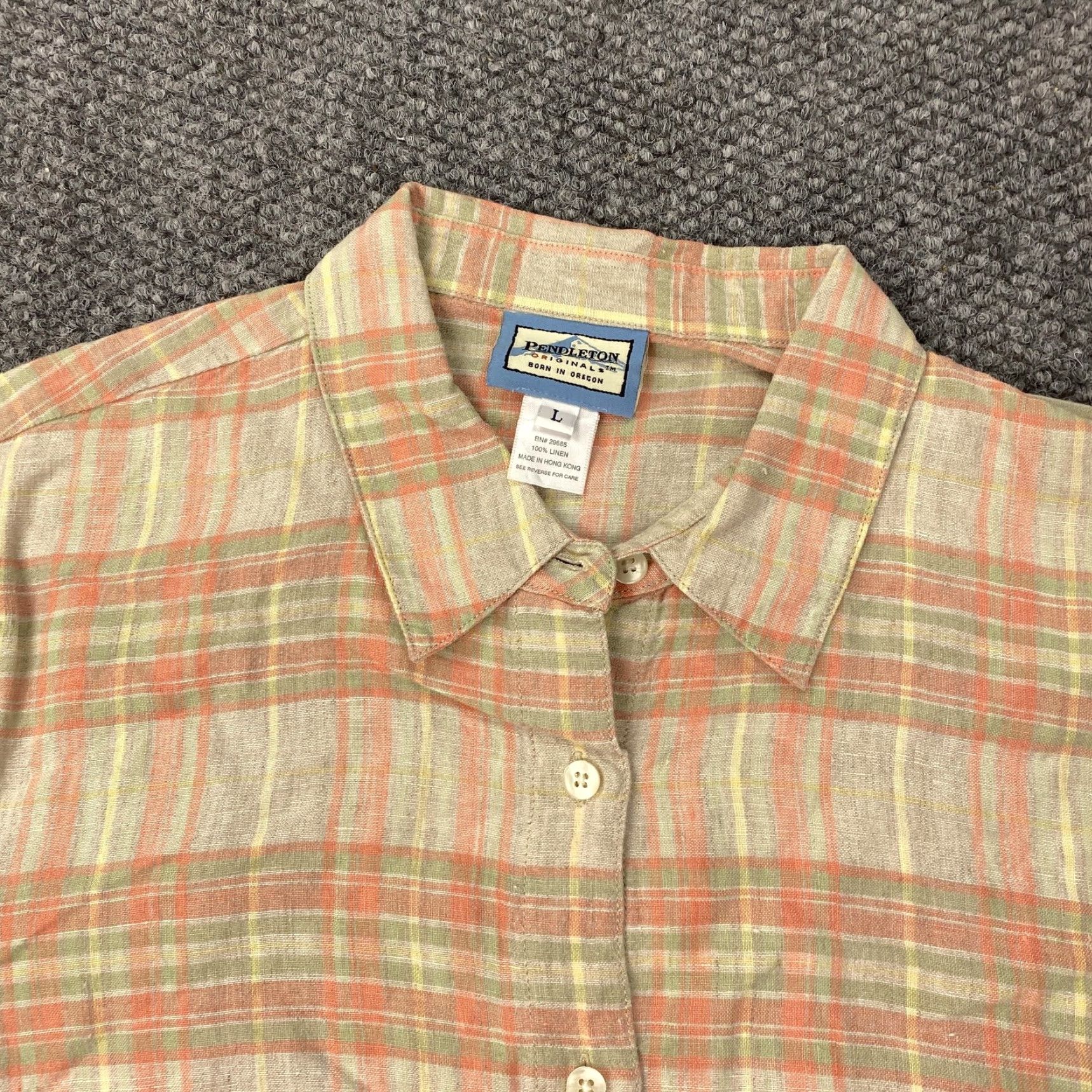Pendleton VINTAGE Pendleton Shirt Mens Large Peach Green Plaid Linen Short Sleeve Button Front Size US L / EU 52-54 / 3 - 2 Thumbnail