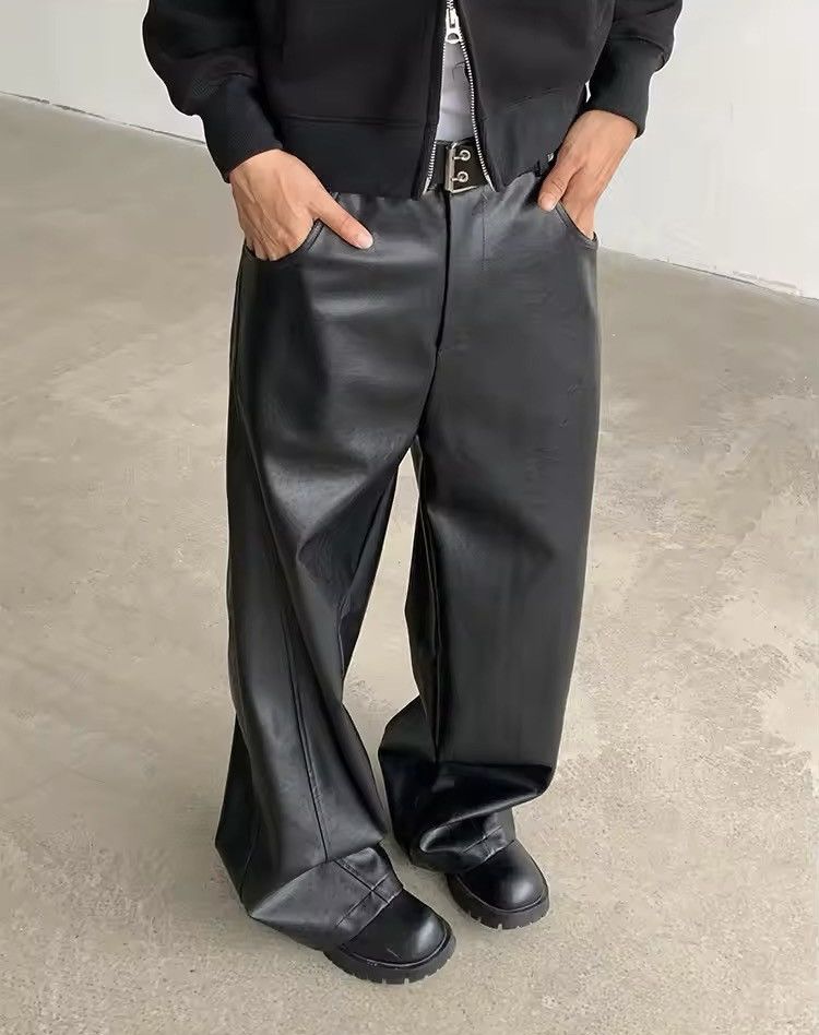 Japanese Brand Streetwear Casual Pu Leather Straight Wide Leg Trousers Size US 33 - 4 Thumbnail