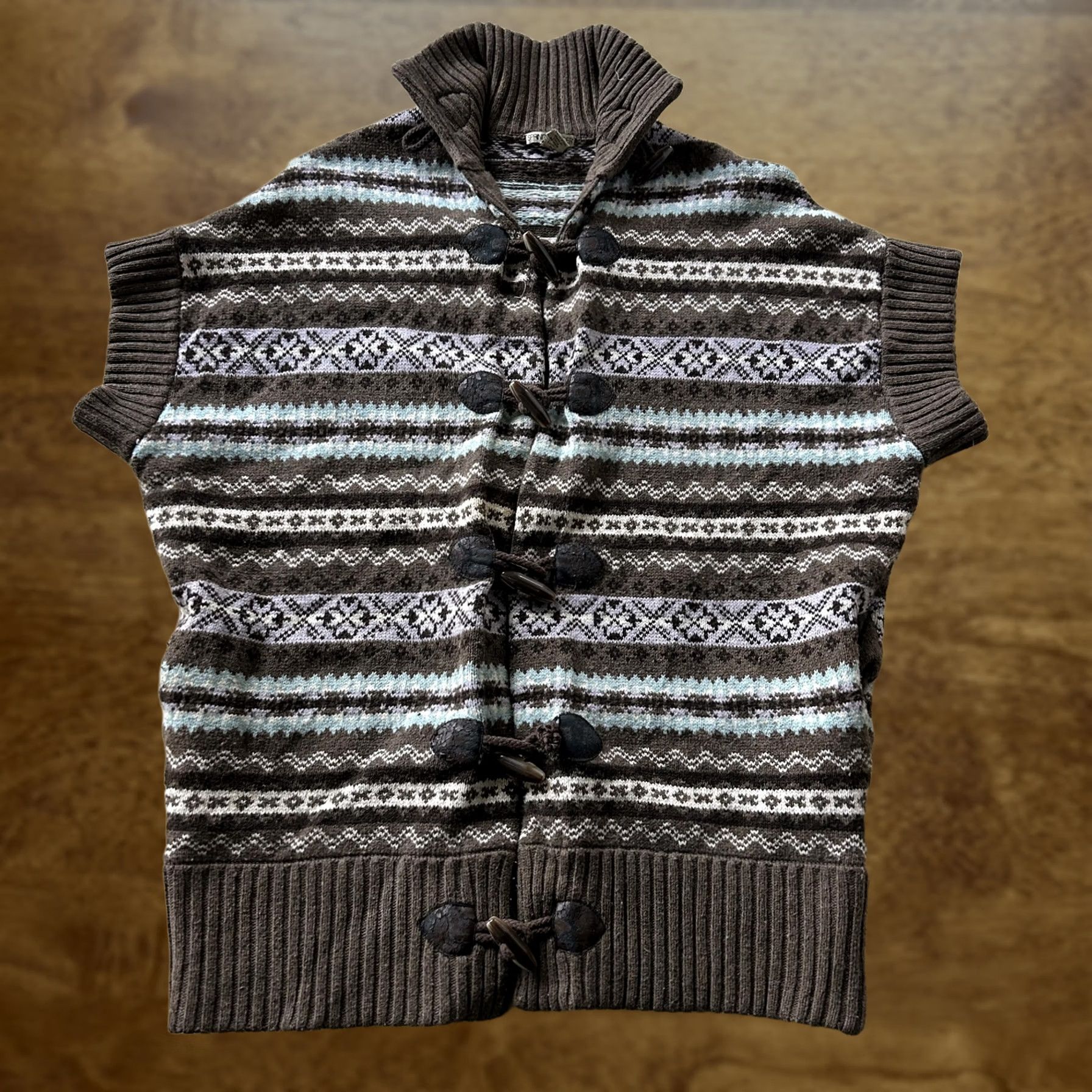 Vintage SPRING+MERCER Cardigan Sweater Womens L Brown Fair Isle Knit Short Sleeve Toggle Front Size L / US 10 / IT 46 - 1 Thumbnail