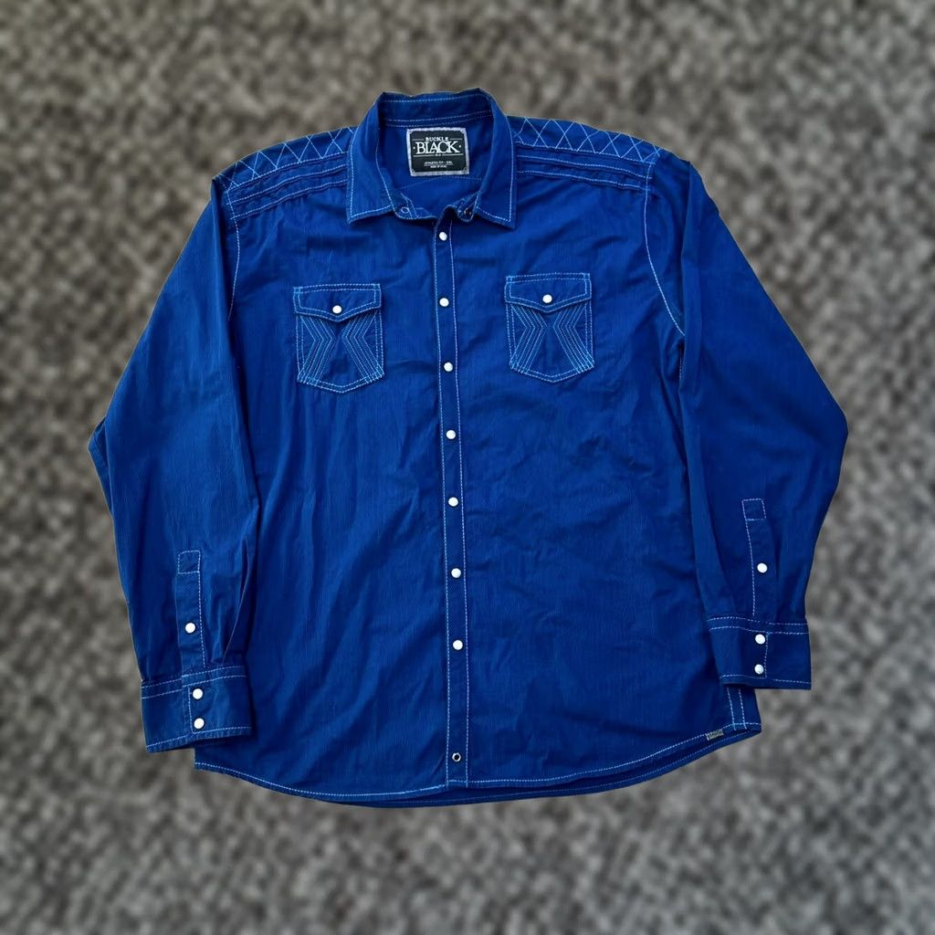 Buckle Black Buckle Black Button-Front Shirt Men's 2XL Athletic Fit Blue Button Up Cowboy Western Solid Long Sleeve Snap Front Vintage Size US XXL / EU 58 / 5 - 1 Thumbnail