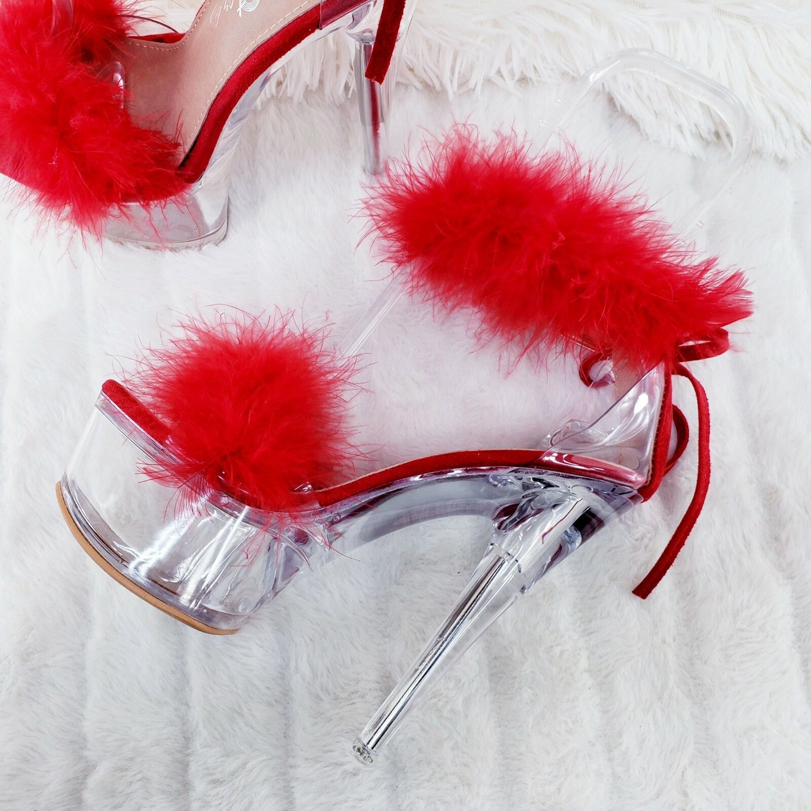 Other Red Marabou Feather Platform Shoes Sandals 6" High Heel Sand Size US 9 / IT 39 - 4 Thumbnail