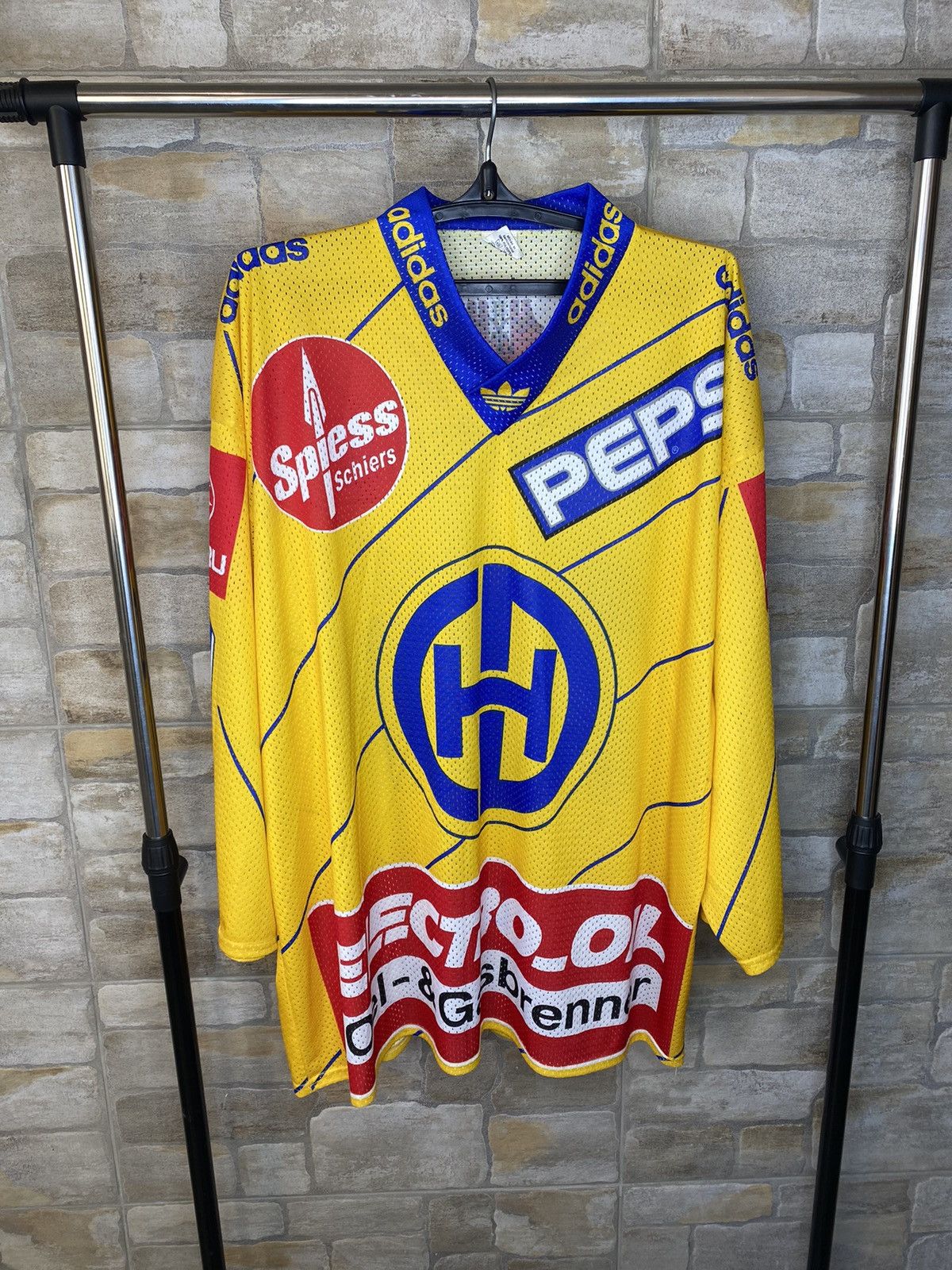 image of Hockey Jersey Vintage 90's Hc Davos Switzerland Adidas 22 Haller Jersey in Yellow, Men's (Size XL)