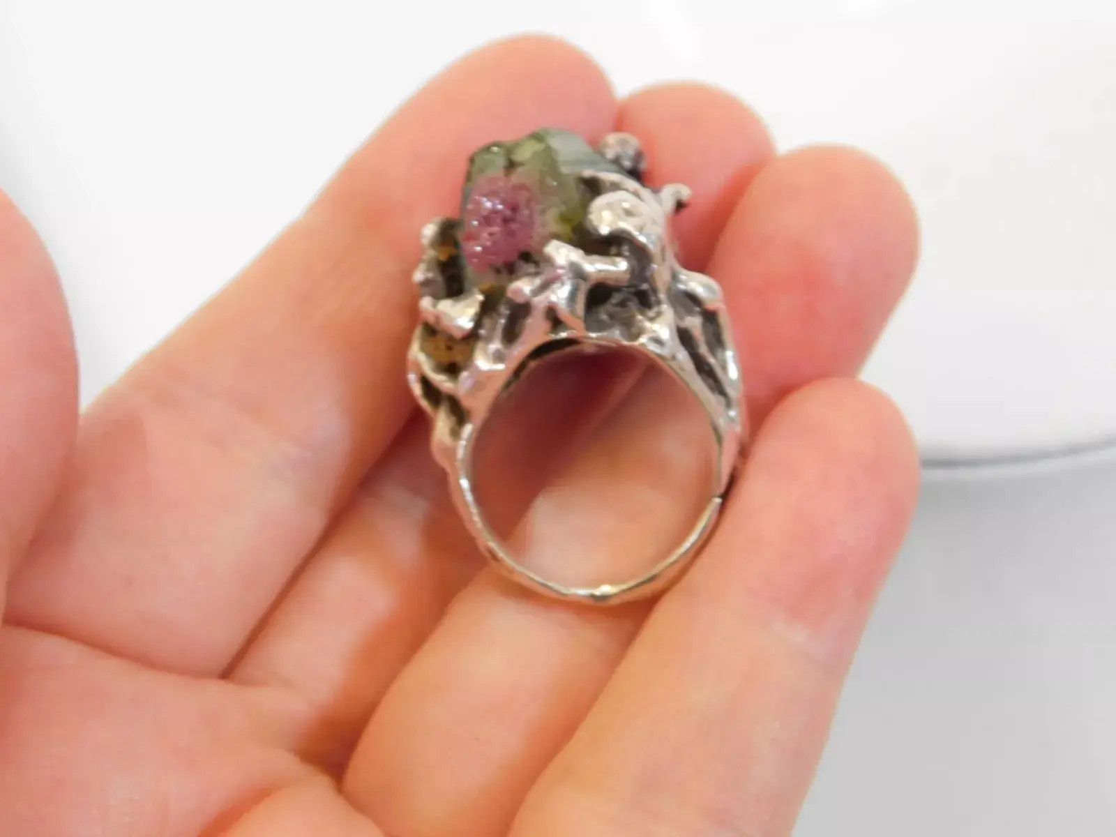 Vintage Vintage Sterling Silver Ring Tourmaline Size 7 Brutalist Size ONE SIZE - 11 Thumbnail