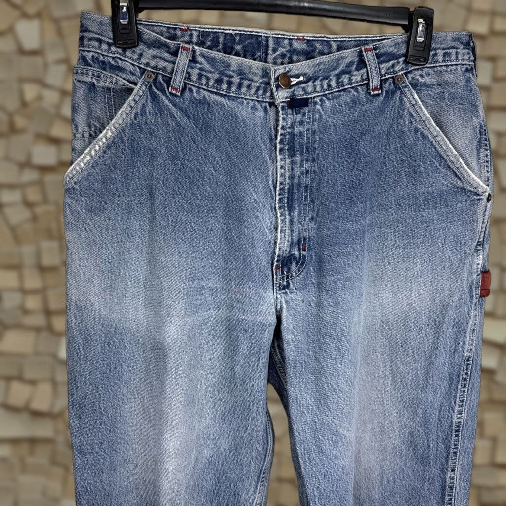 Vintage VINTAGE Cross Colours Crescent Green Wood Wide Leg Jeans 38x34 Medium Blue Denim 90s Mens Baggy Relaxed Hip Hop Logo 5-Pocket Distressed Jacket? Size US 38 / EU 54 - 1 Thumbnail