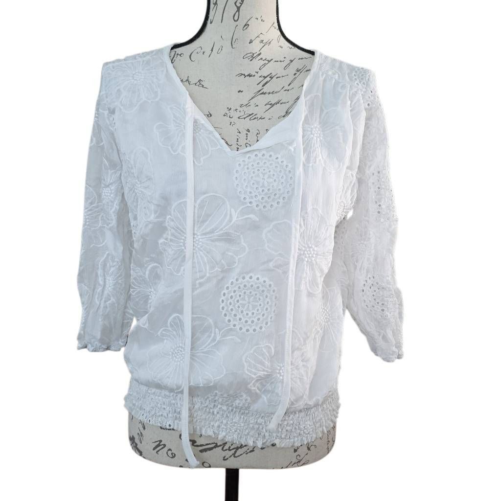 Anthropologie Kindred Women's Size Petite Large White Sheer Floral Embroid Size L / US 10 / IT 46 - 1 Thumbnail