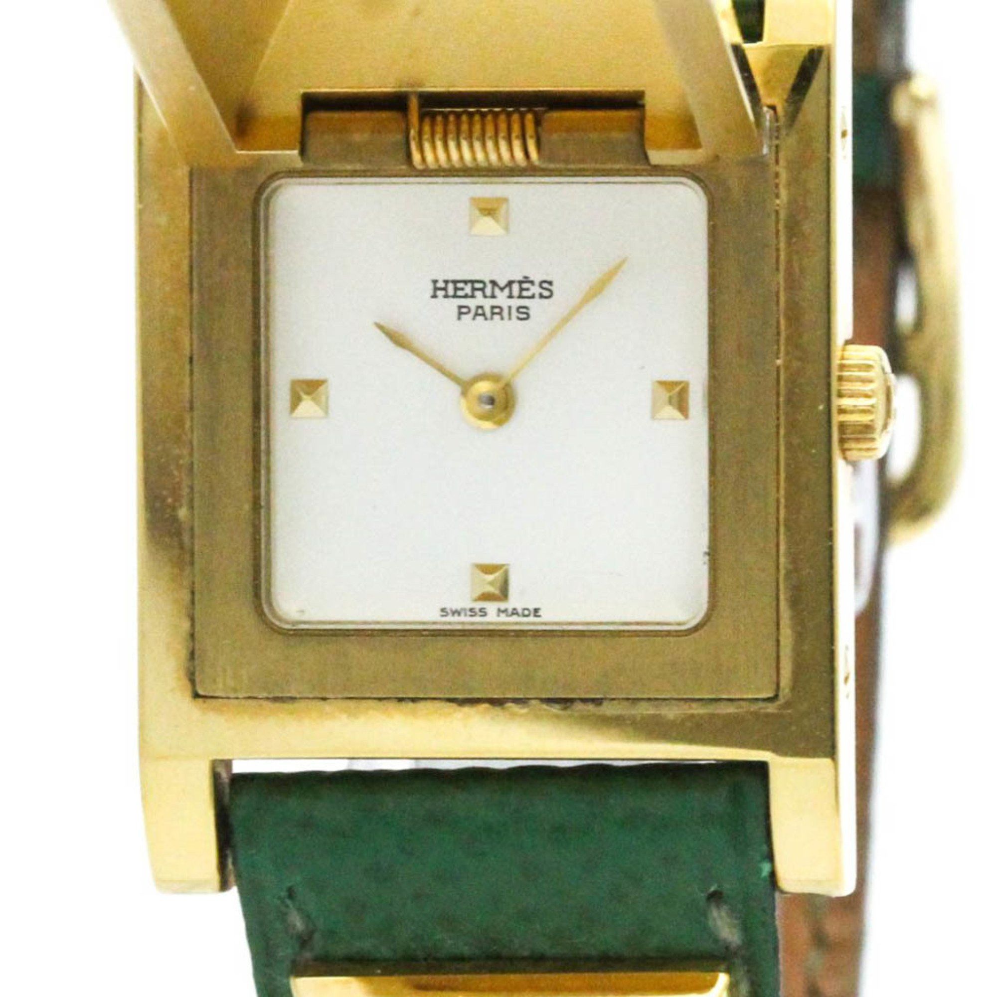 Hermes Medor Gold Plated Leather Quartz Ladies Watch Bf581982 in White, Women's