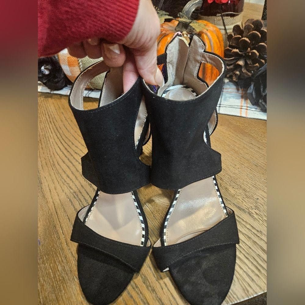 Designer Stylish Black Suede Heeled Sandals with Purple Tassels Size US 10 / IT 40 - 6 Thumbnail