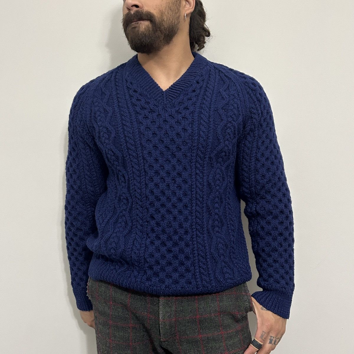 Image of Vintage 70's Fisherman Cable Knit Wool Sweater in Blue, Men's (Size XL)