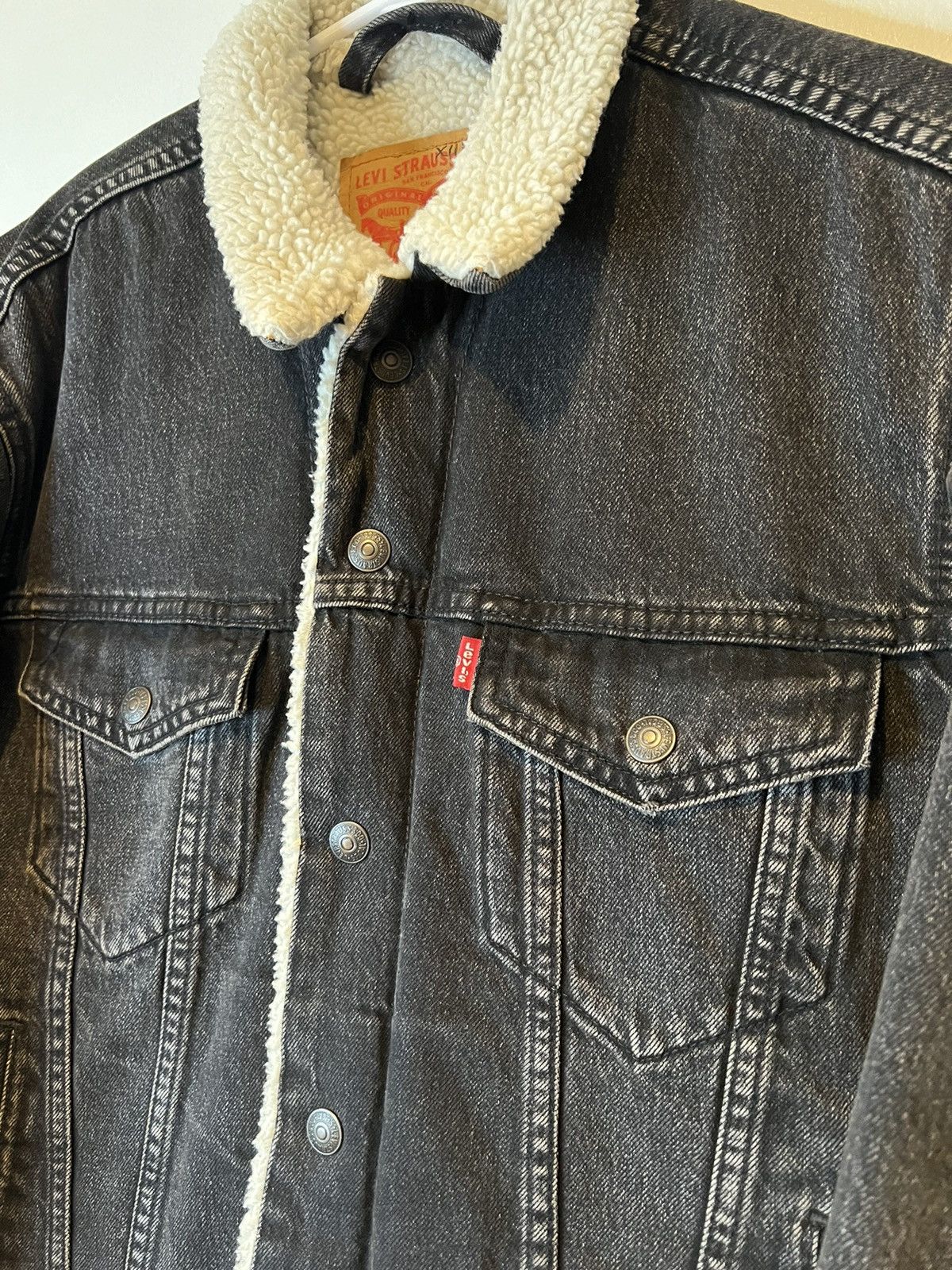 Levi s Levis Sherpa Trucker Jacket Mens S Grey Faded Denim Faux Fur Grailed