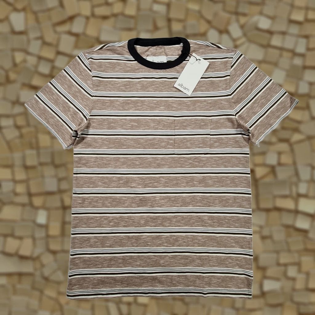 Albam albam Mens T Shirt Brown XS Striped Short Sleeve Crew Neck 100% Cotton Tee Top Logo Size US XS / EU 42 / 0 - 1 Thumbnail