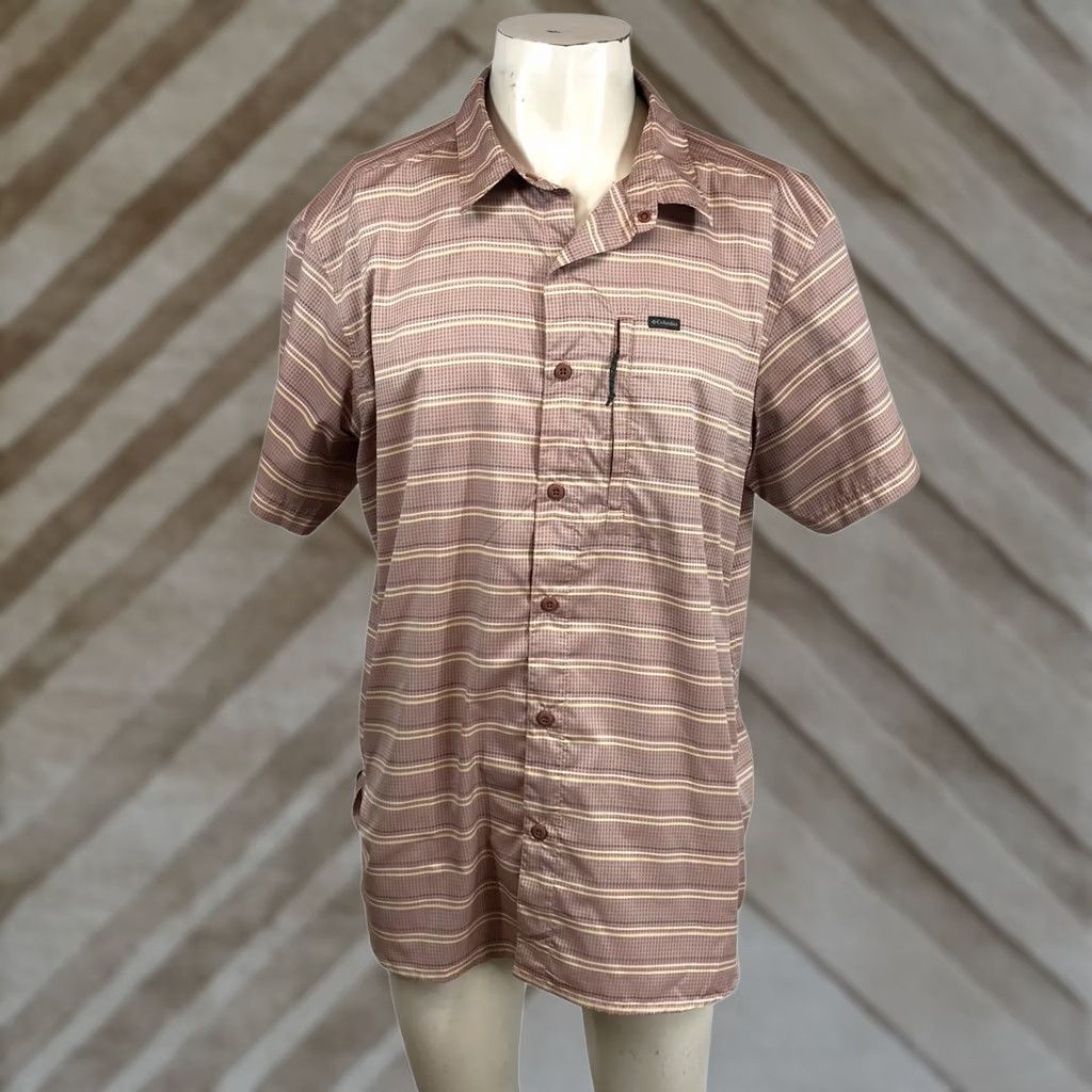 Vintage Columbia Mens XL Short Sleeve Button Up Shirt Brown Striped Outdoor Size US XL / EU 56 / 4 - 1 Thumbnail