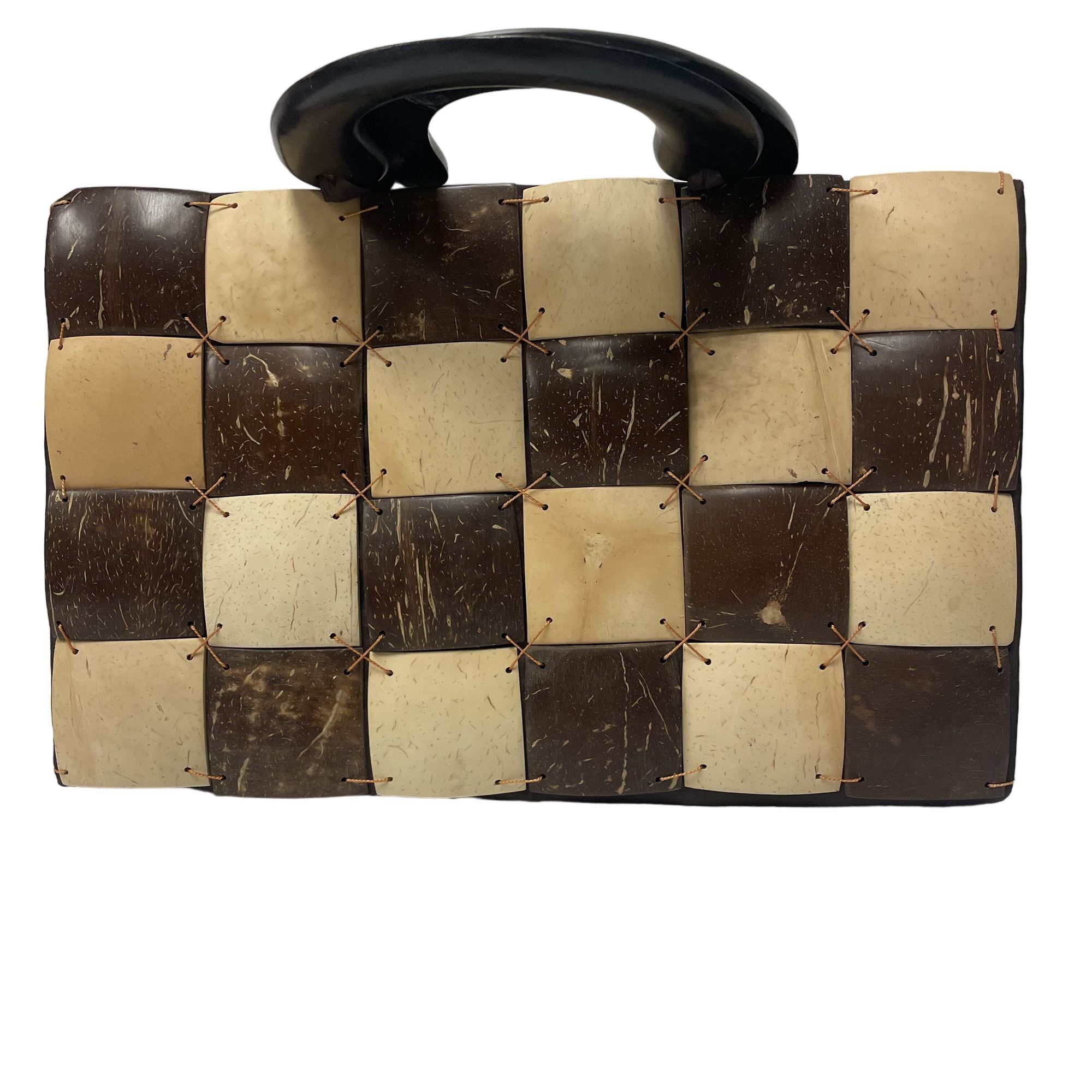 Other Vtg COCONUT Shell Patchwork MOD Handbag SATIN Lined Purse Size ONE SIZE - 3 Thumbnail