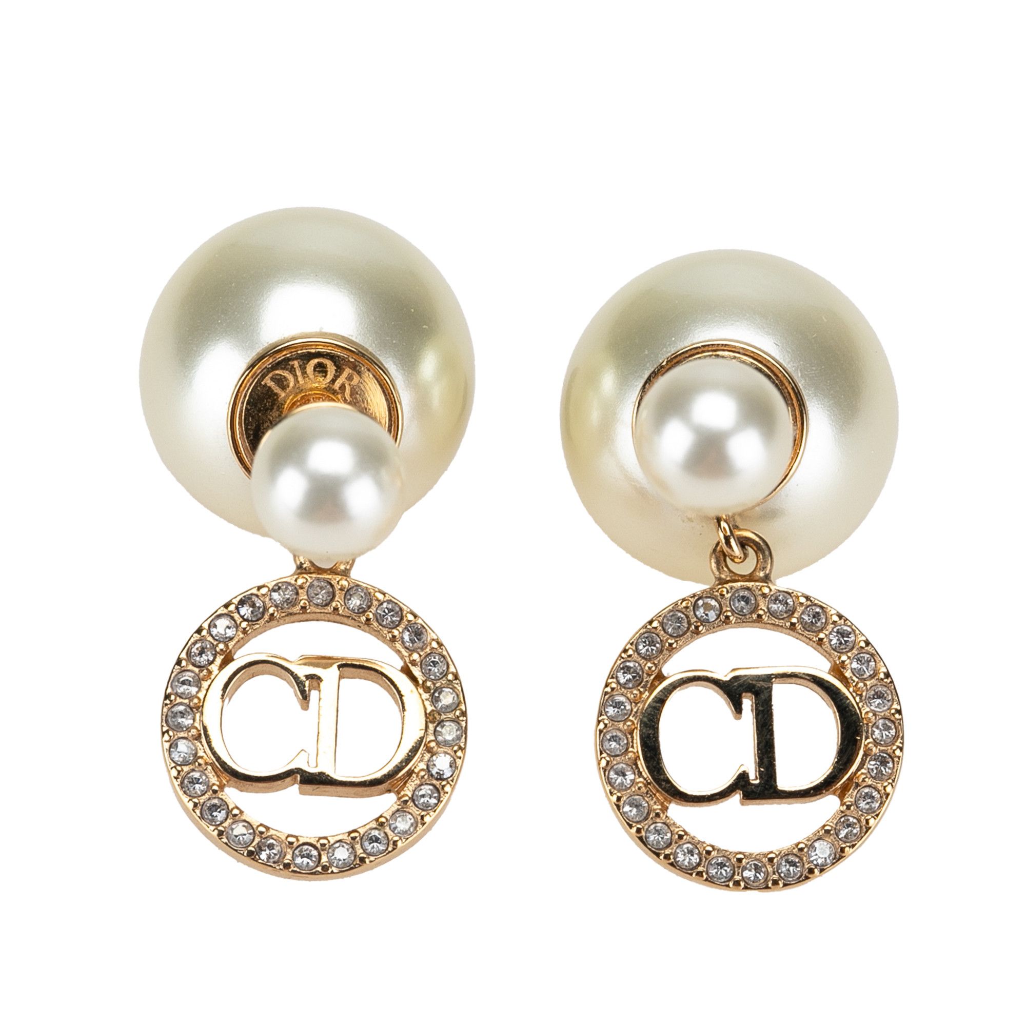 Dior Faux Pearl and Crystal Logo Tribales Drop Push Back Earrings