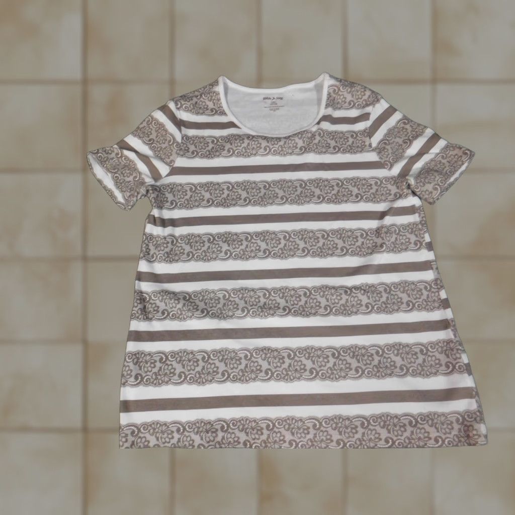 Vintage White Stag Blouse Shirt Womens L Brown Striped Crew Neck Short Sleeve Pullover Cotton Rayon Basic Casual Ruffle Vintage No 100% Cotton Regular Size L / US 10 / IT 46 - 1 Thumbnail