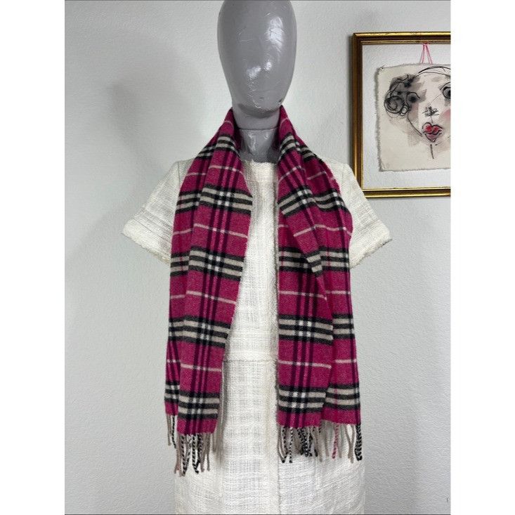 Burberry VTG Burberry Nova Check Fuchsia Plaid Lambswool Wool Fringe Size ONE SIZE - 1 Thumbnail